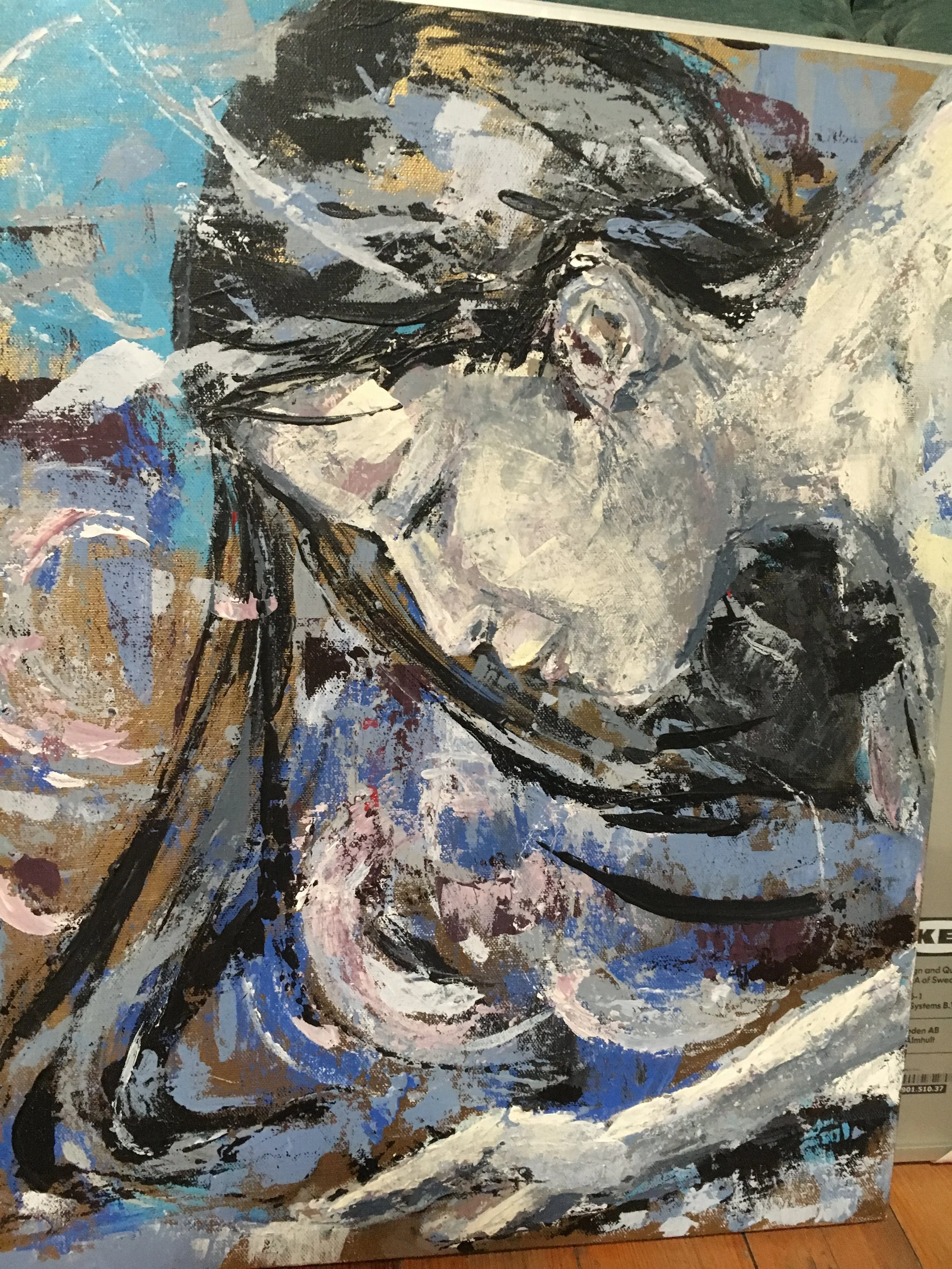 Abstract painting of a woman's face with closed eyes, using bold brushstrokes in black, white, blue, and brown tones.
