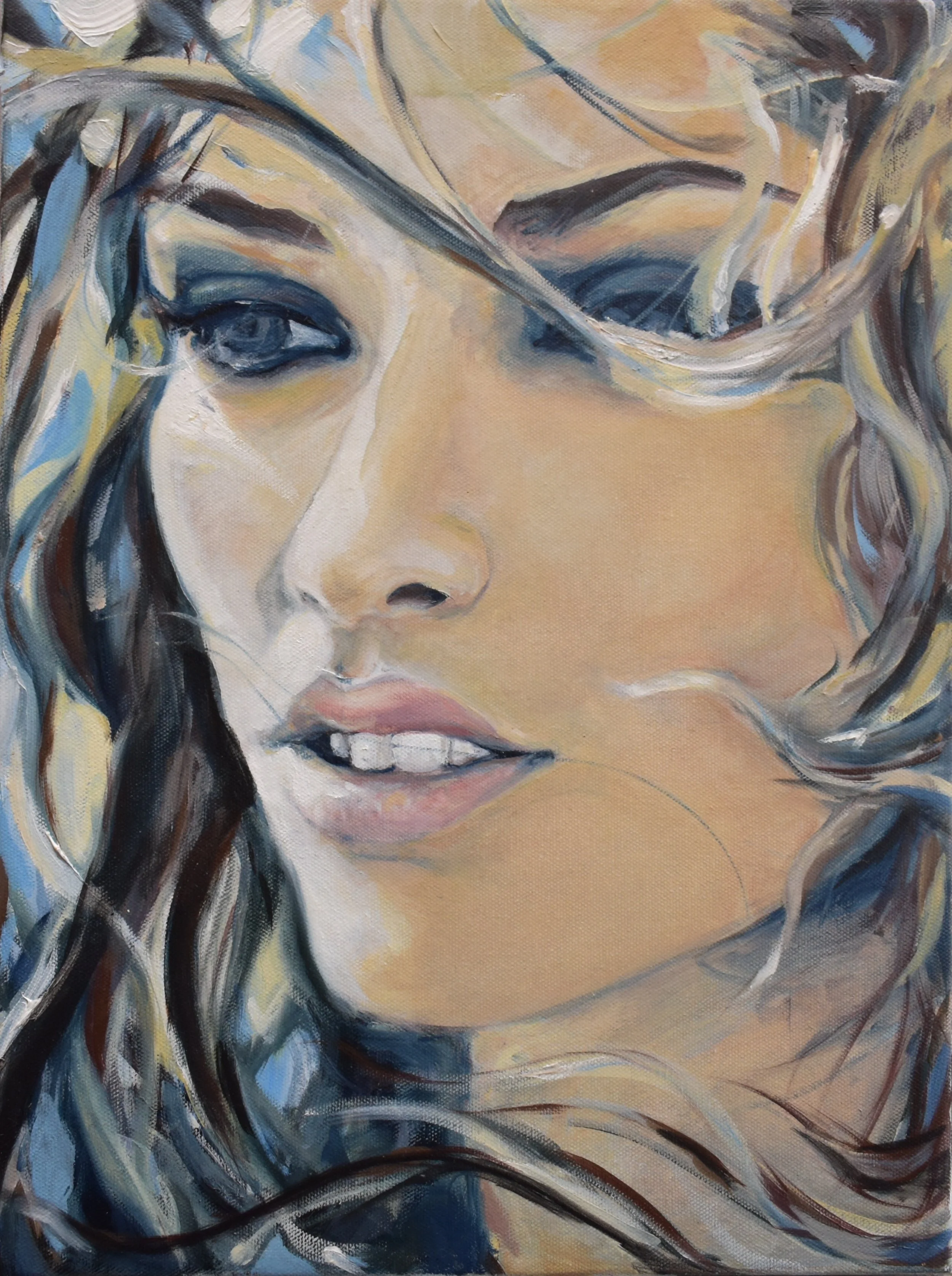 A close-up portrait of a woman with wavy dark blonde hair, the wind is tousling her hair, the sunlight peaks through it. dark eye makeup, and slightly parted lips showing her teeth. She's relaxed and viewing the distance