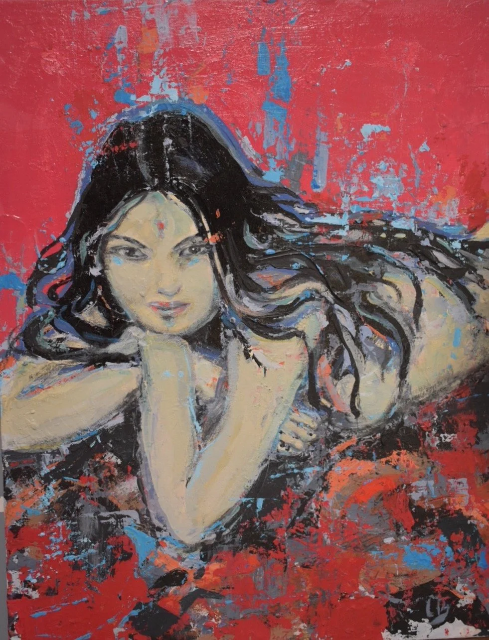 An abstract painting of a woman with long black hair, lying on her stomach with her chin resting on her hands, against a textured red background.