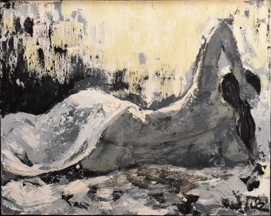 Abstract painting of a reclining woman with long hair, using black, white, gray, and yellow tones.