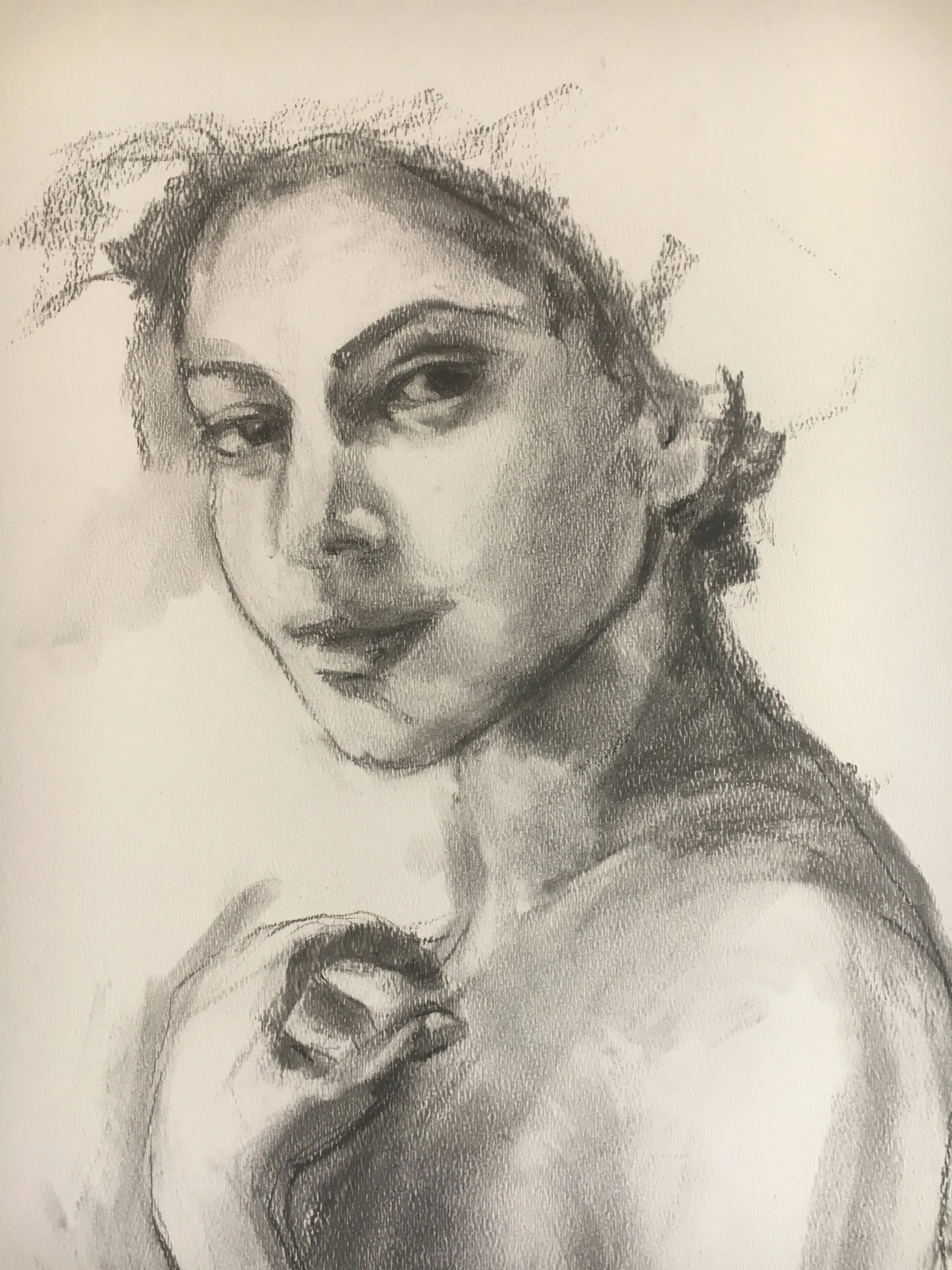 A detailed pencil sketch of a woman with wavy hair, large eyes, and full lips, looking over her shoulder with a confident expression. She is holding her top with her hand.