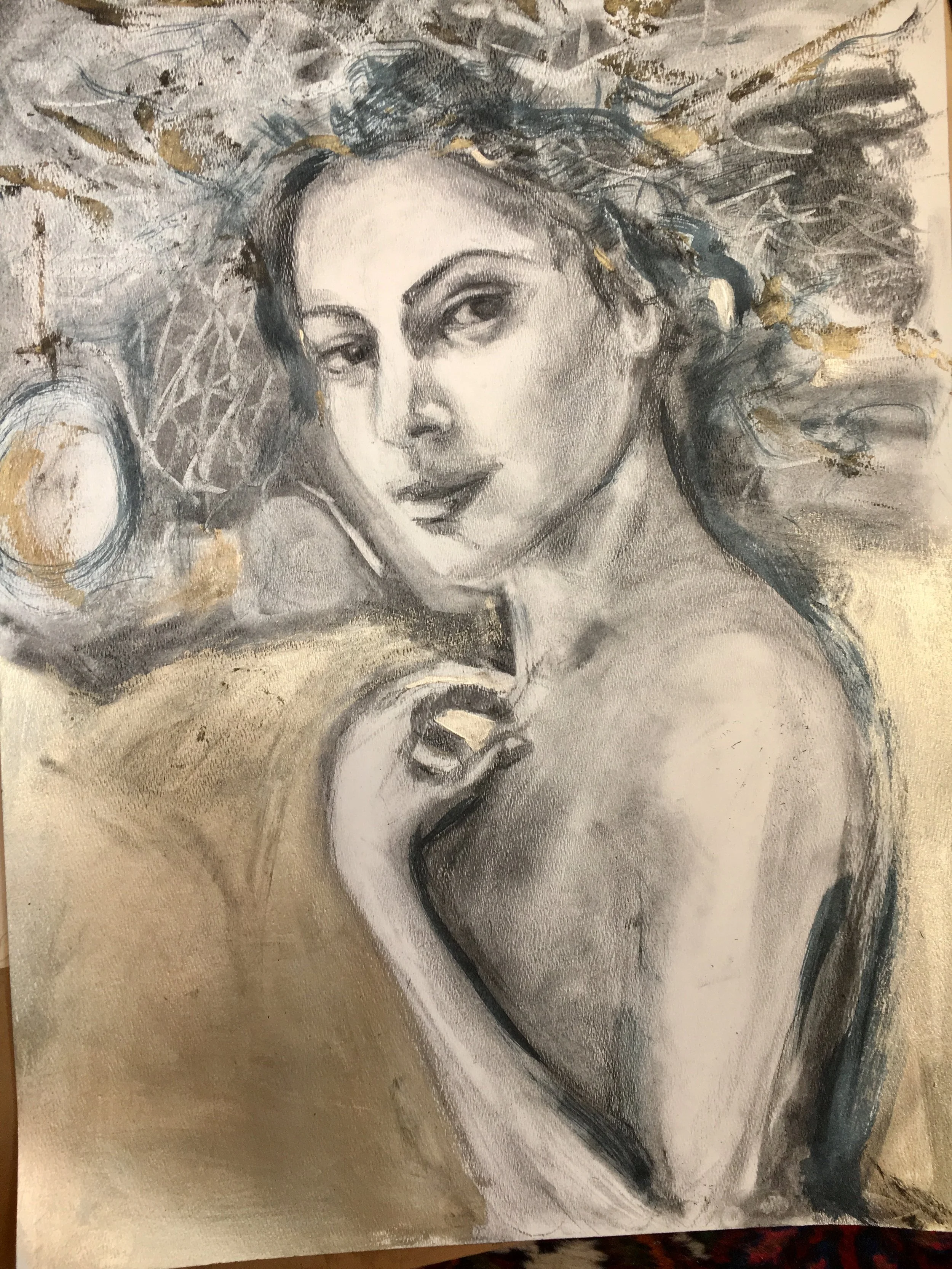 A black and white portrait painting of a woman with wavy hair, gazing at the viewer with a slight smile, with her hand resting near her face and shoulder.