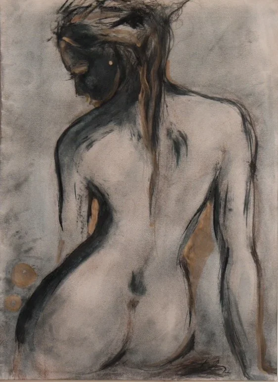 Here and There. Charcoal, Ink and gold on archival paper.  12x 18. Available in Print on paper