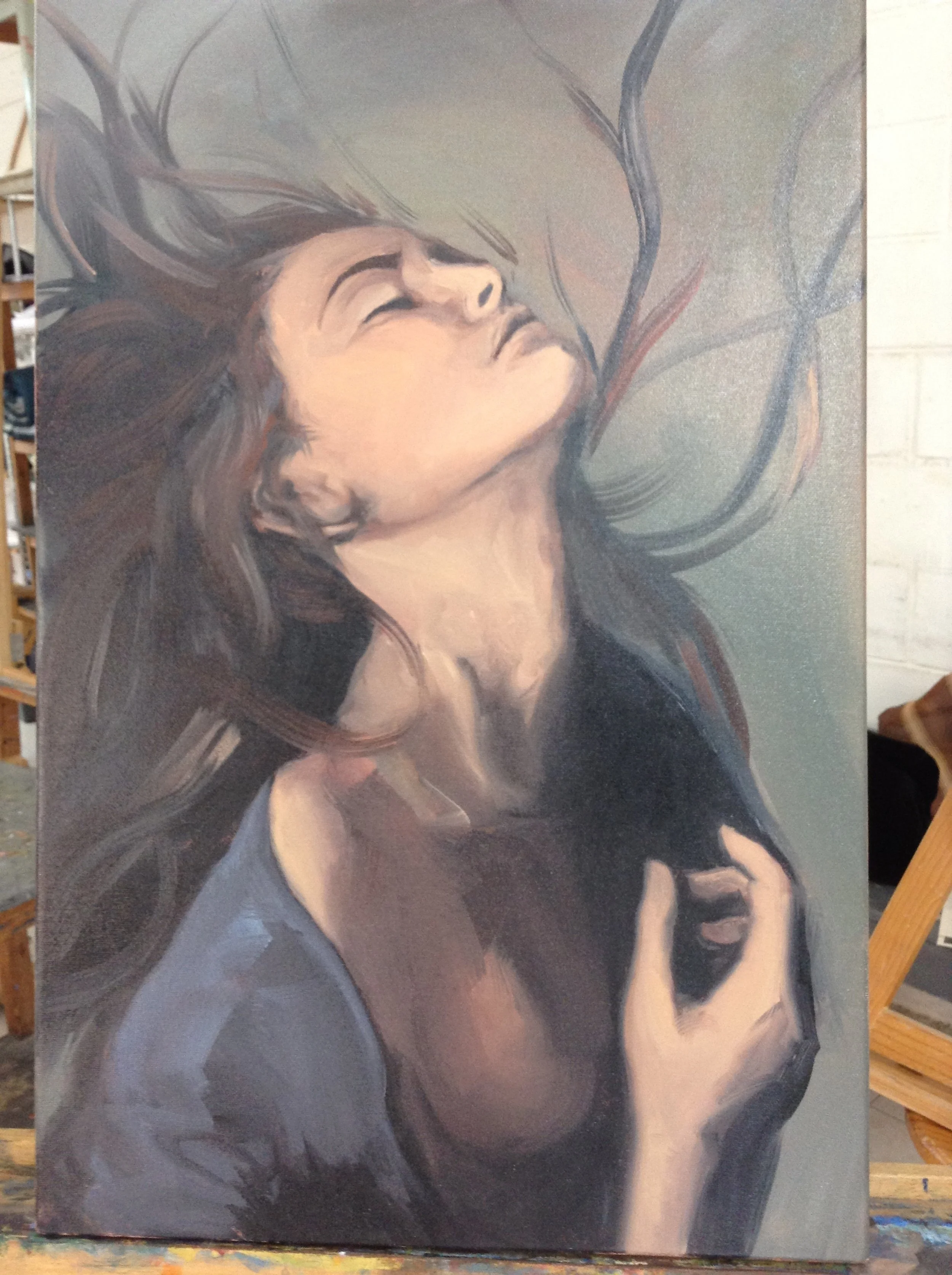 An expressive painting of a woman with her head tilted back, eyes closed, and hair flowing outward. She has a serene and contemplative expression, with her hand near her chest.