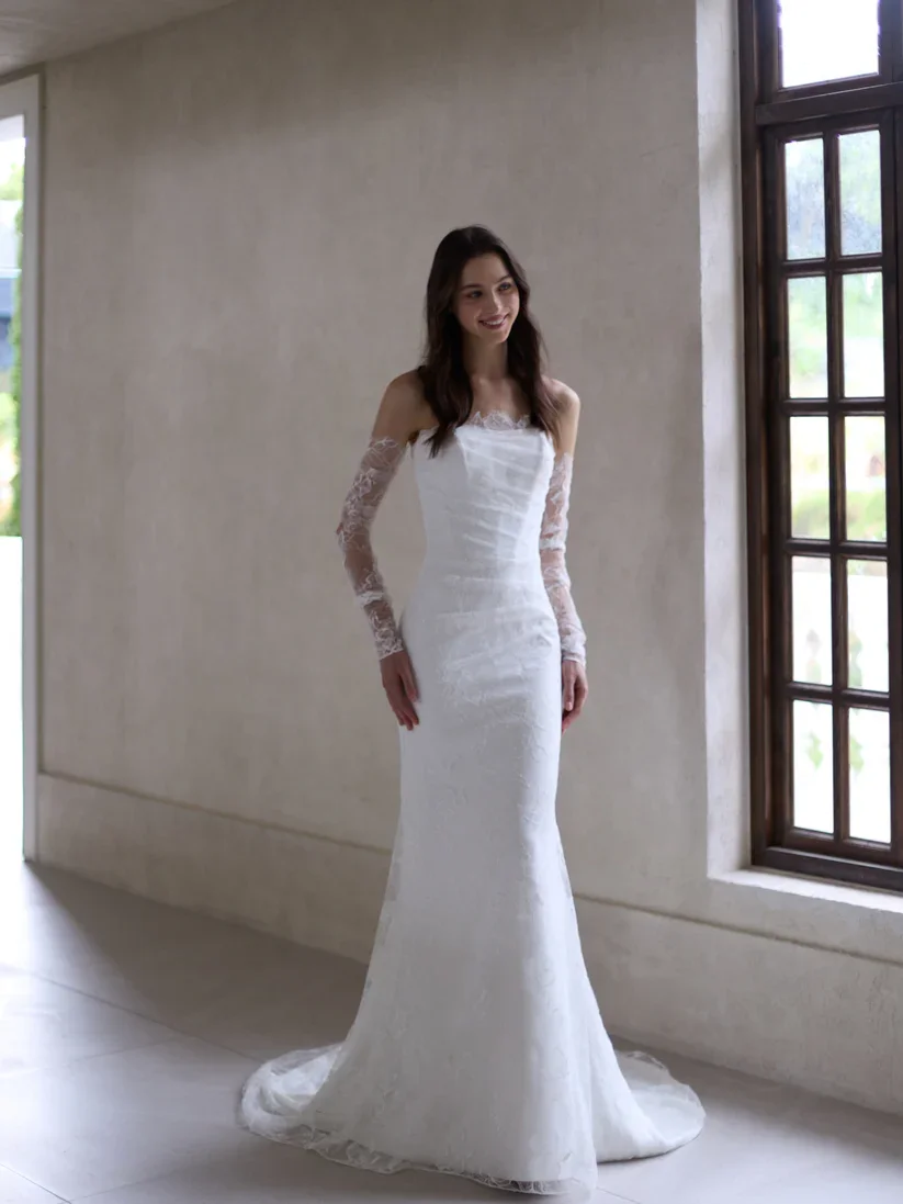 Off the Shoulder Lace Gown With Sheer Sleeves and Romantic Tulle Skirt