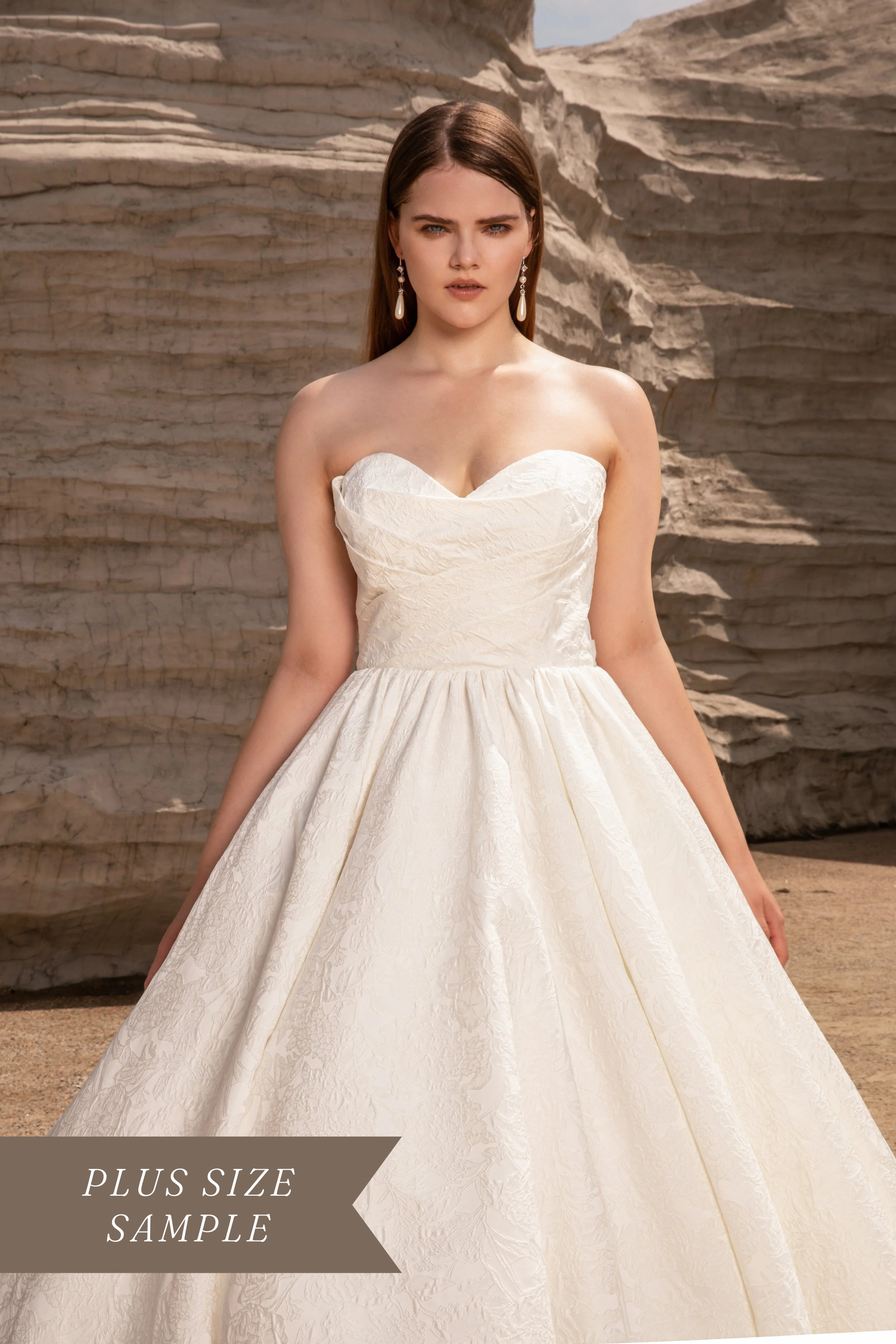 Dany Tabet Sydney DG0024W339 plus size strapless sweetheart ballgown wedding dress with off-the-shoulder puff sleeves in textured jacquard.
