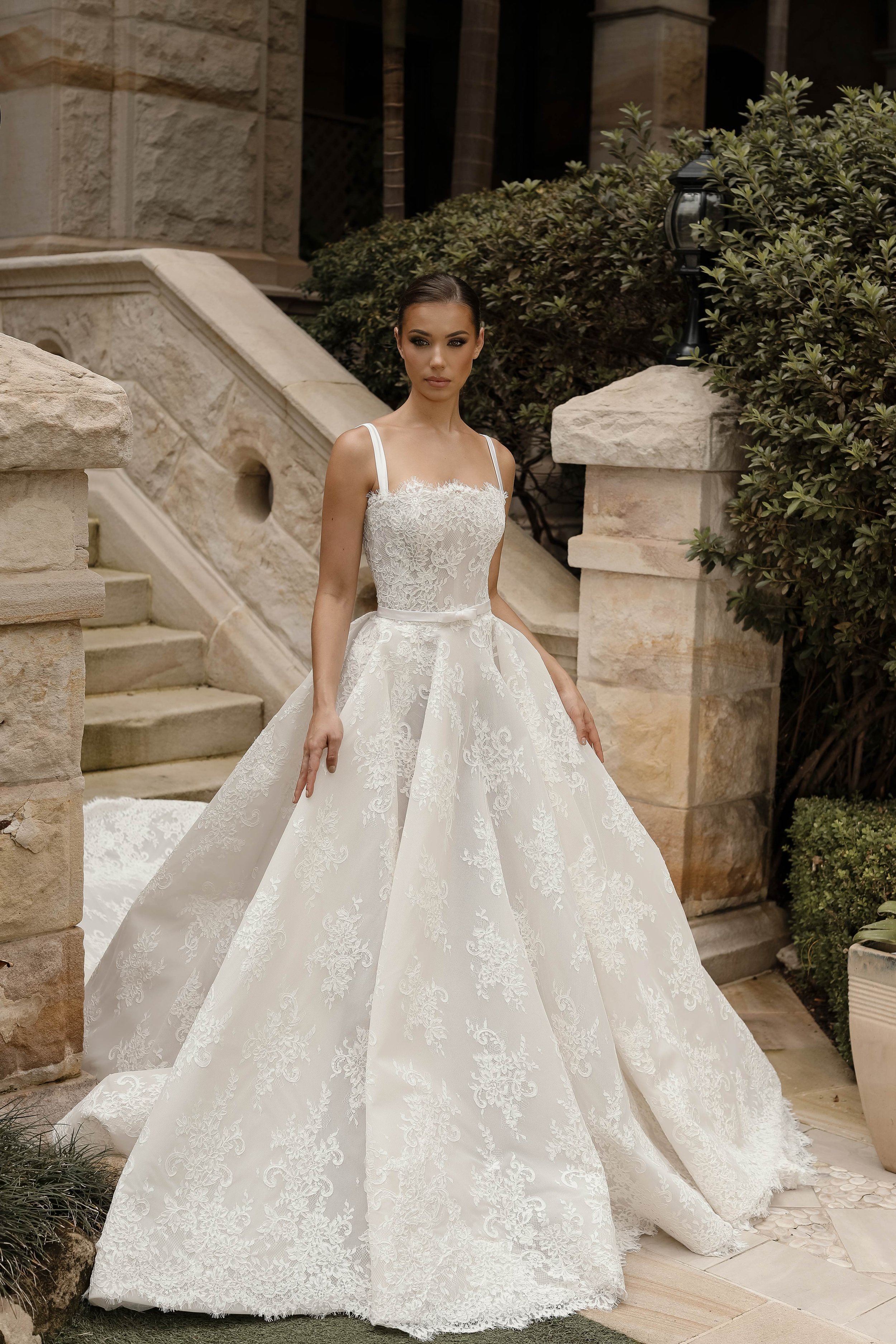 Lace Ballgown with Off-The-Shoulder Neckline, Detachable Shawl and Dramatic Train