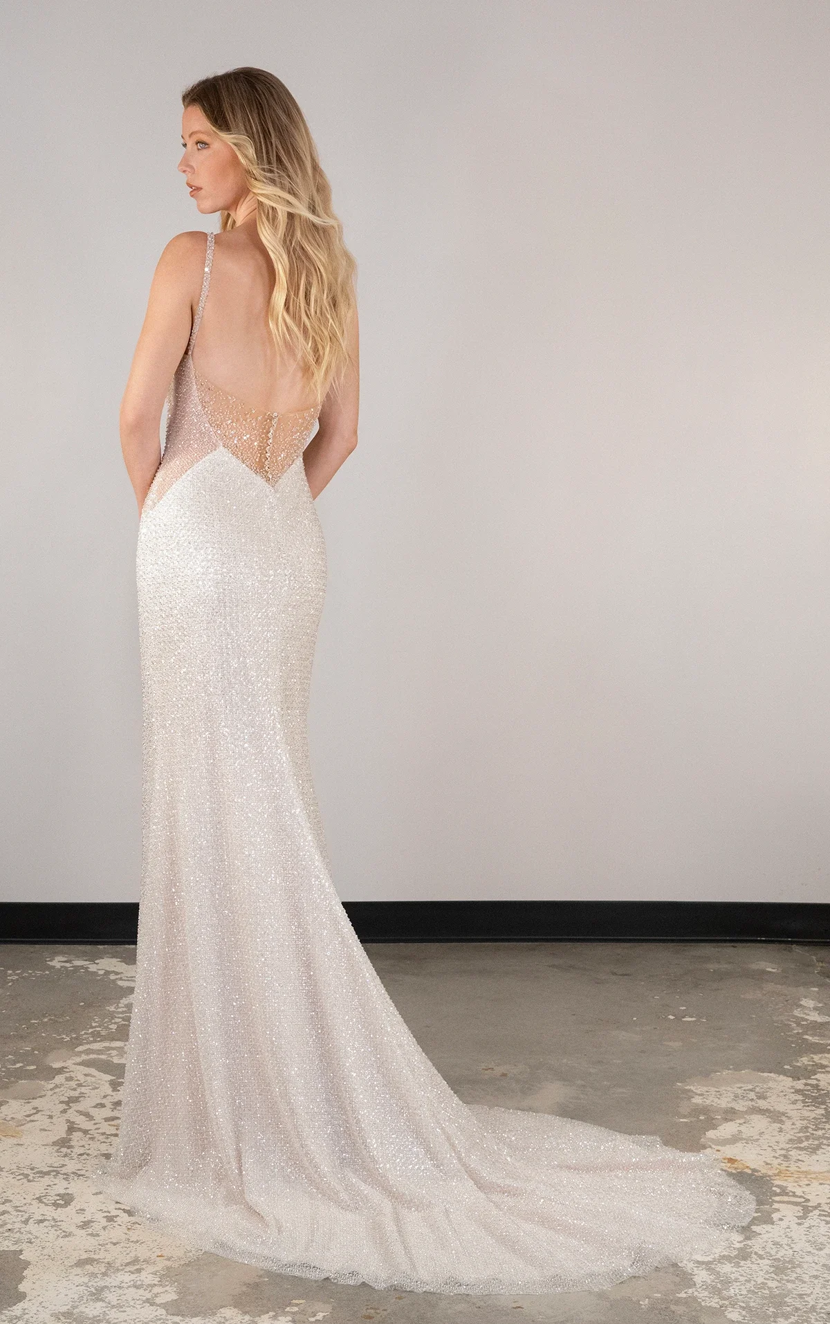 Sexy Sparkly Beaded Spaghetti Strap Column Wedding Dress