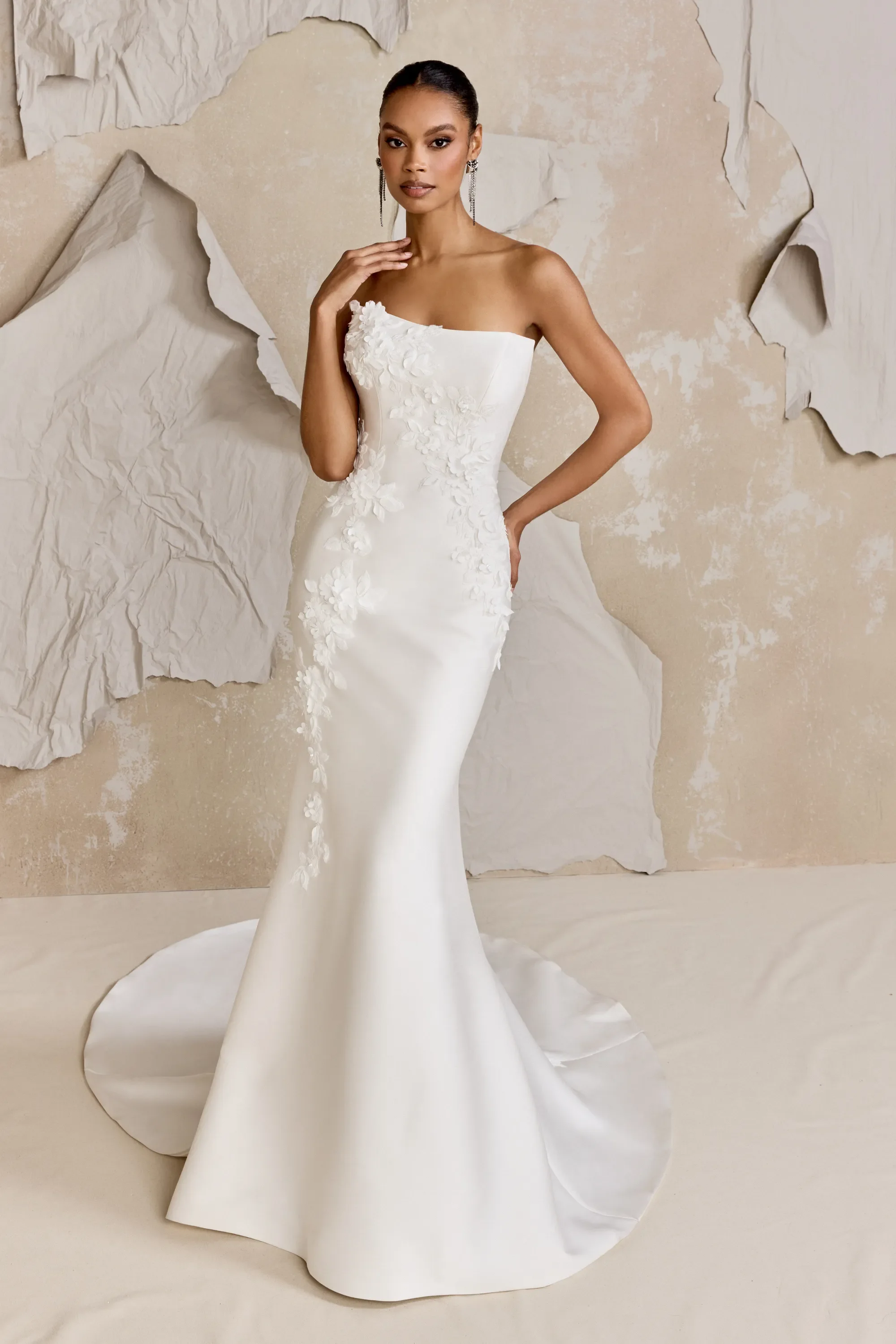 Justin Alexander Signature Dickinson 99319 Mikado fit-and-flare wedding gown with scoop neckline, lace embroidery and appliques, and chapel train.