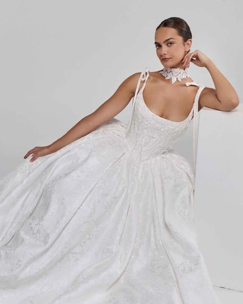 Basque Waist Wedding Dress with Bows and Beaded Details