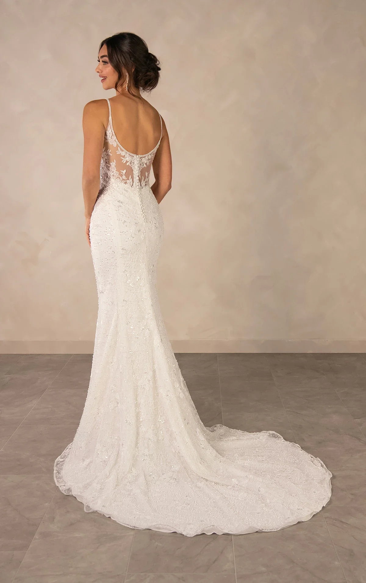Essense of Australia D4567 sparkling lace sheath wedding dress with square neckline, spaghetti straps, sequin and pearl embroidery, and detachable grand satin overskirt train