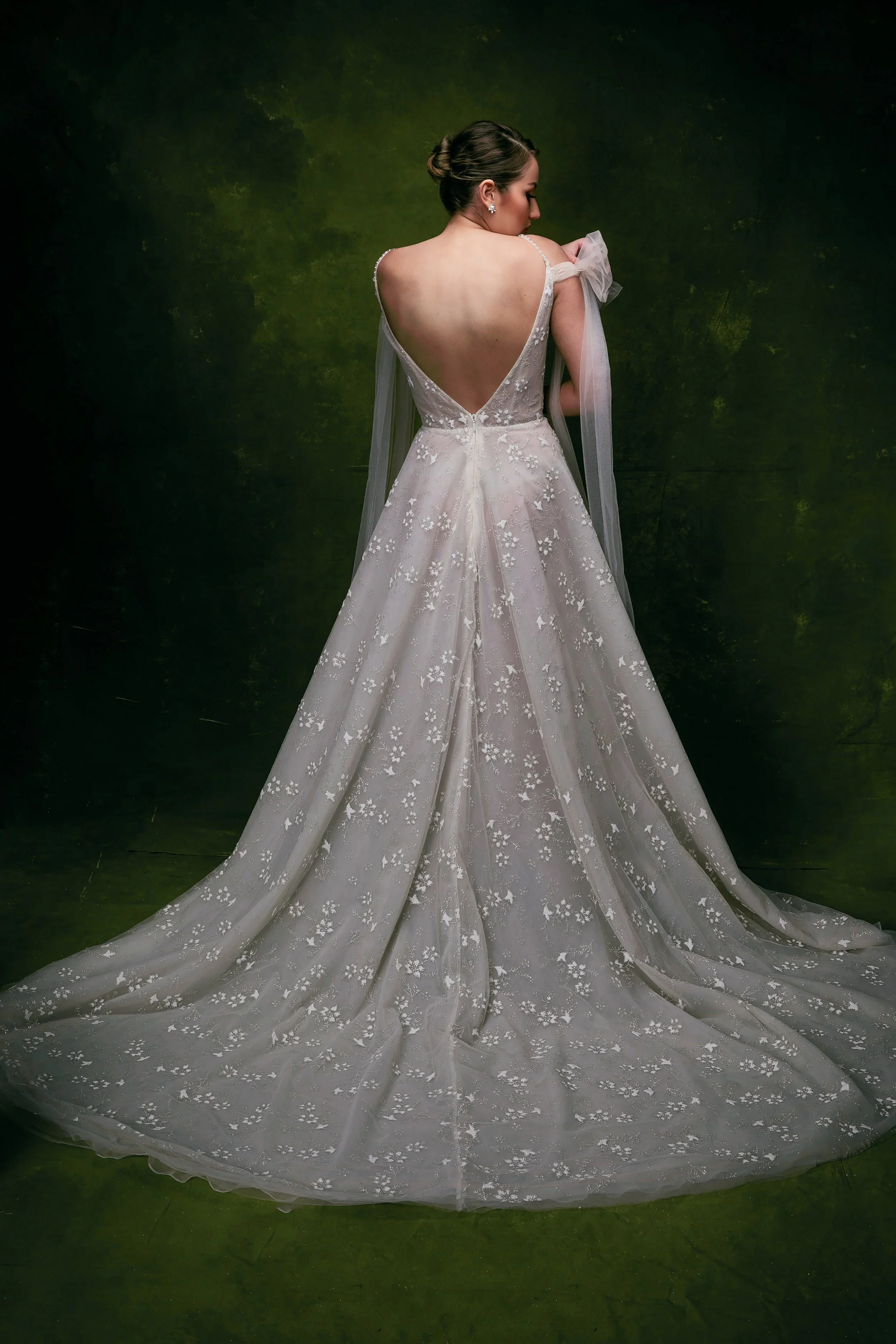 Elizabeth Lee Mia light Israeli lace A-line wedding dress with deep V plunge neckline and detachable bows.