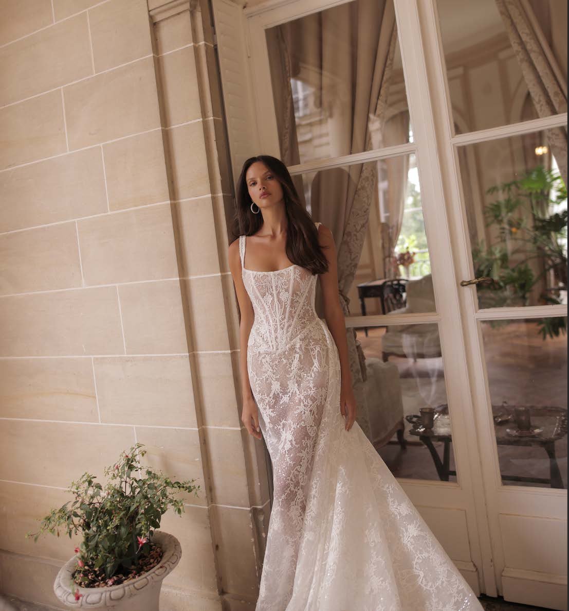 Lace Corset Gown with Sheer Detailing, Delicate Straps and Detachable Overskirt