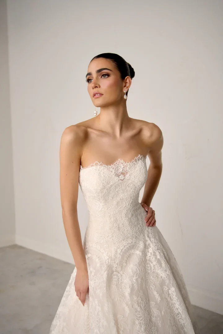 Allover Lace Aline Gown with Dropped Waist and Straight Neckline