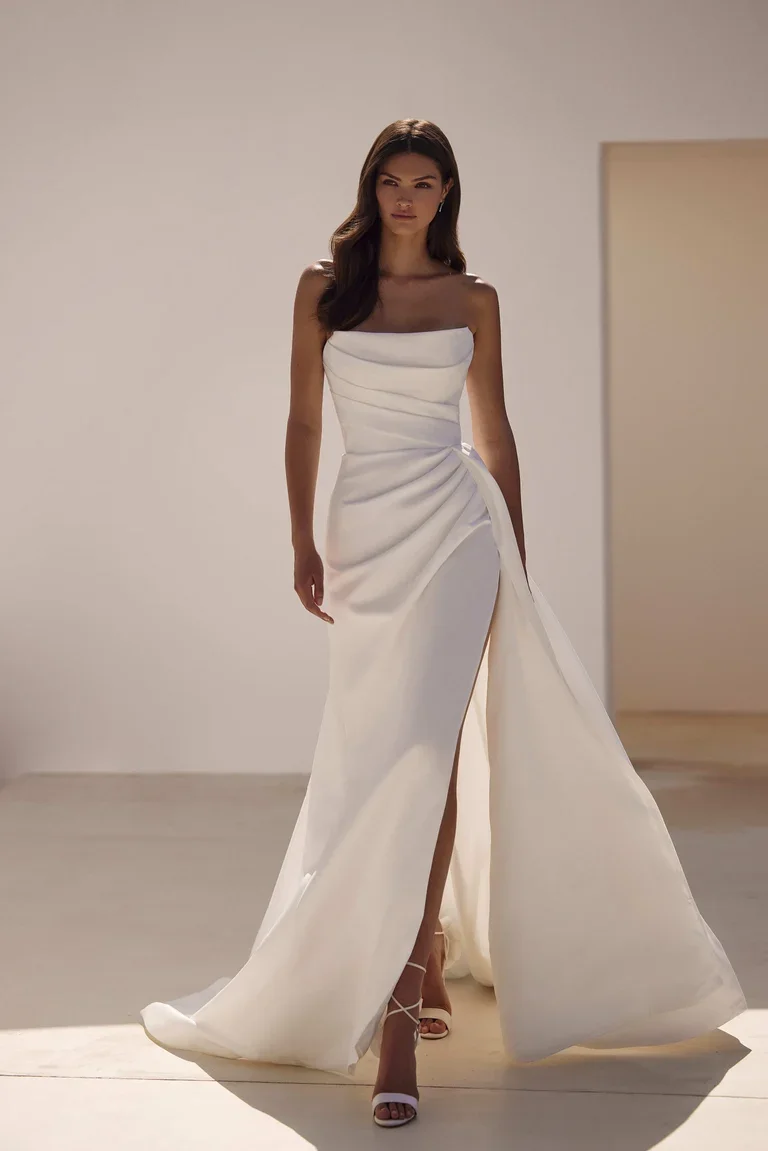 Milla Nova Sandal Off-the-Shoulder Satin Fit & Flare Wedding Dress With Slit