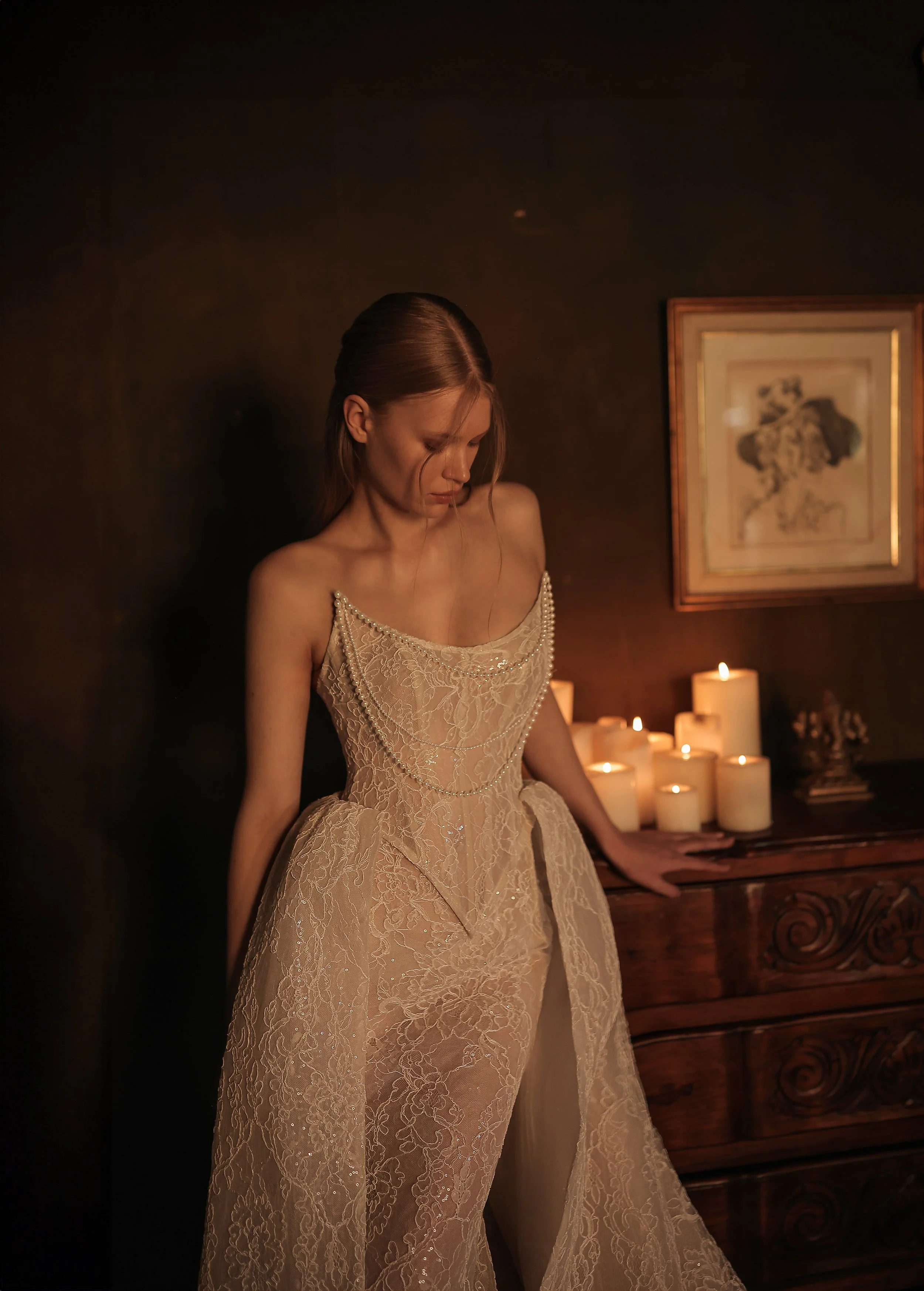 Lace Corset Gown with Shimmering Details, and Detachable Overskirt