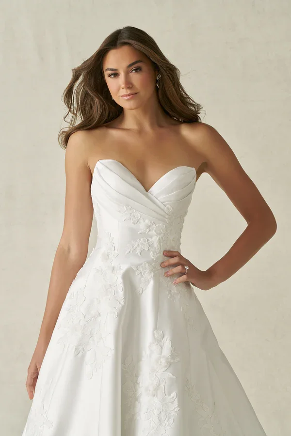 strapless A-line wedding gown with ruched Mikado bodice, matte lace, 3D floral appliques