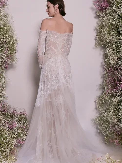Off the Shoulder Lace Gown With Sheer Sleeves and Romantic Tulle Skirt