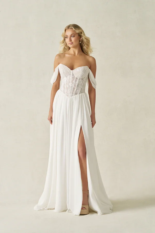A-line wedding gown with bold lace bodice, V-neckline, basque waist, front slit, flowing chiffon skirt, and detachable chiffon sleeves