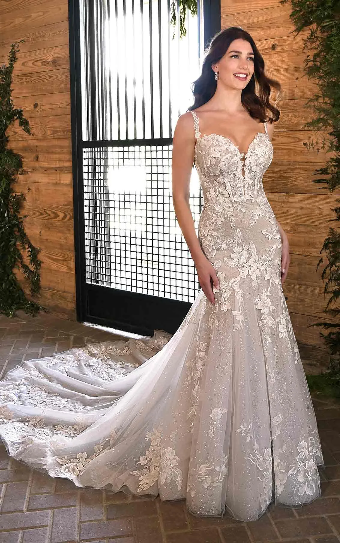 Floral Fit and Flare Wedding Dress with Sheer Bodice and Wide-Set Straps