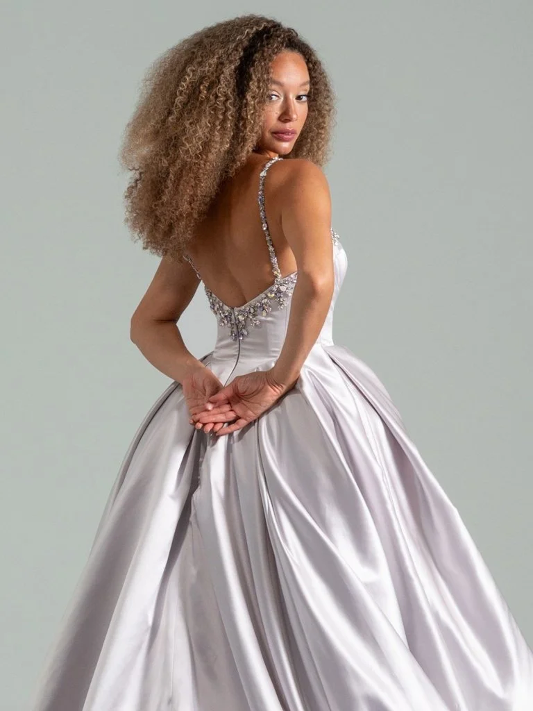 Hayley Paige Queen of Genovia Purple Satin Ballgown Wedding Dress with Colorful Rhinestone Detail available at Bride To Be Couture in Sacramento