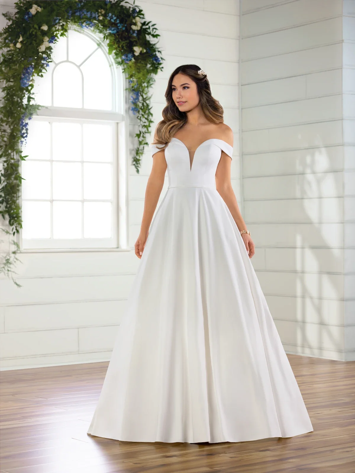 Classic Satin Ballgown with Pockets and Off the Shoulder Sleeves