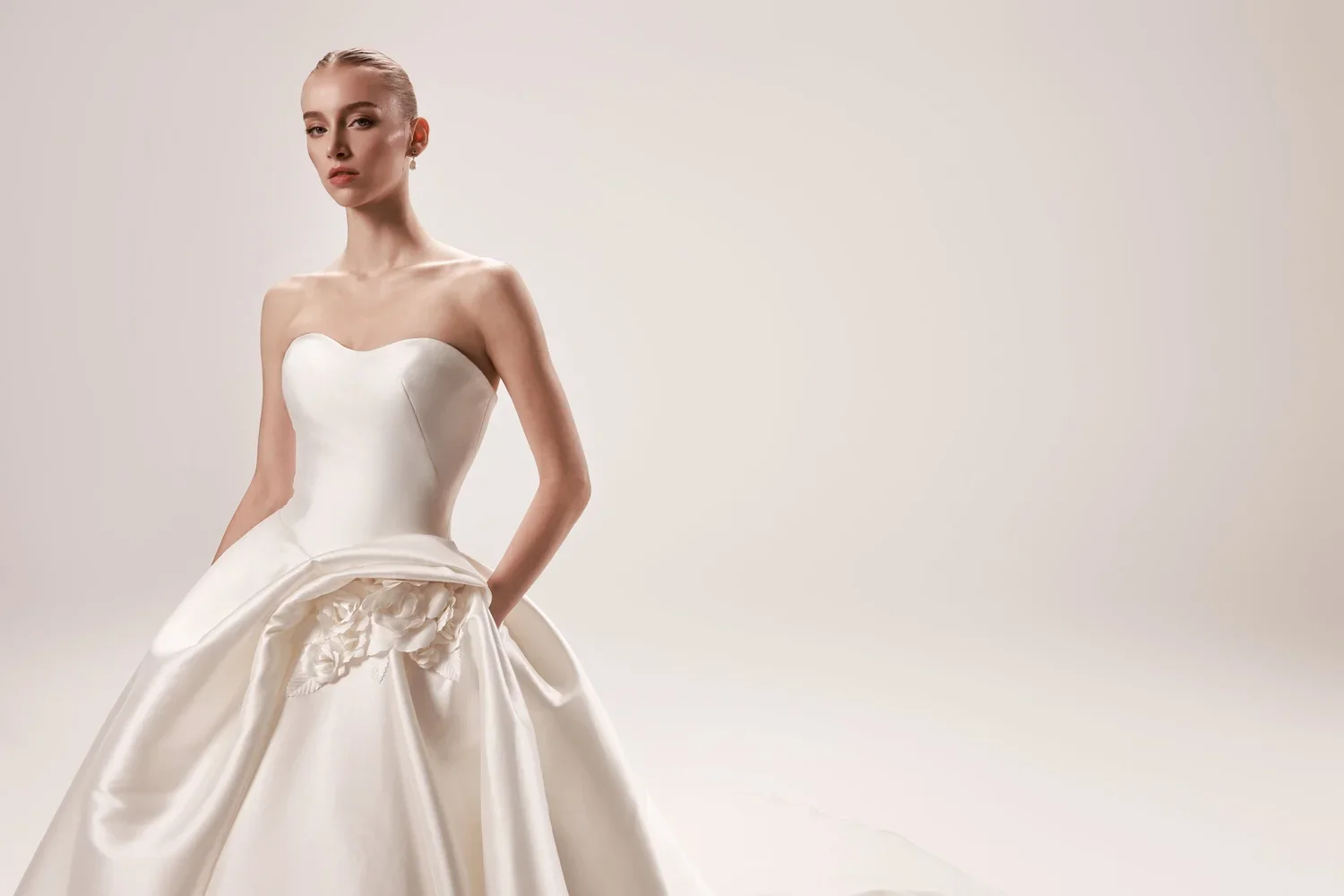 Dany Tabet Miriam Strapless Duchesse Satin Ballgown Wedding Dress with Sculpted 3D Flowers