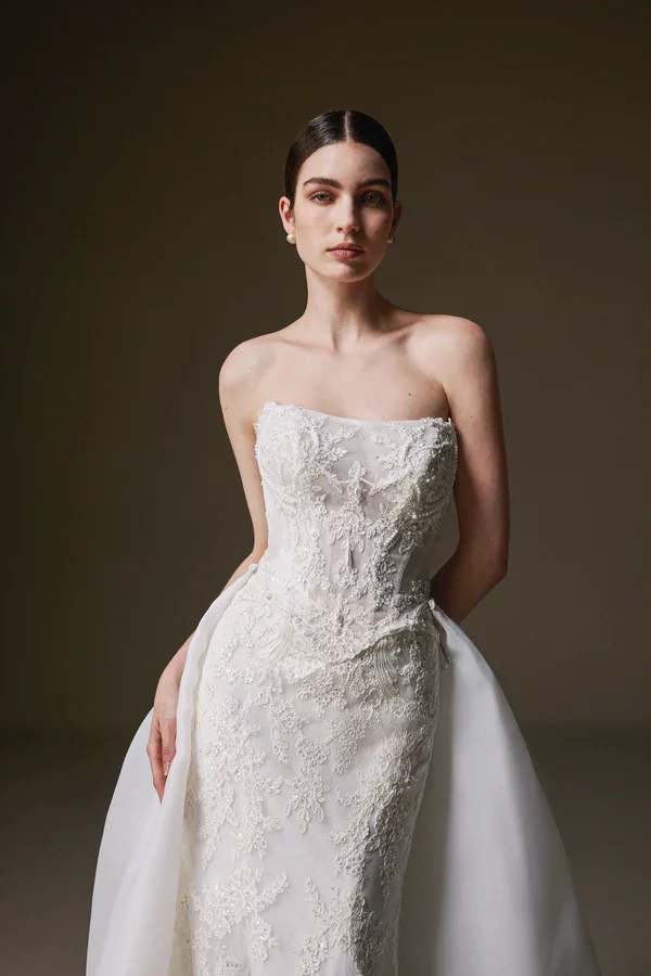 La Premiere Clarimond Baroque beaded lace mermaid wedding dress with strapless straight-across neckline and detachable organza train.