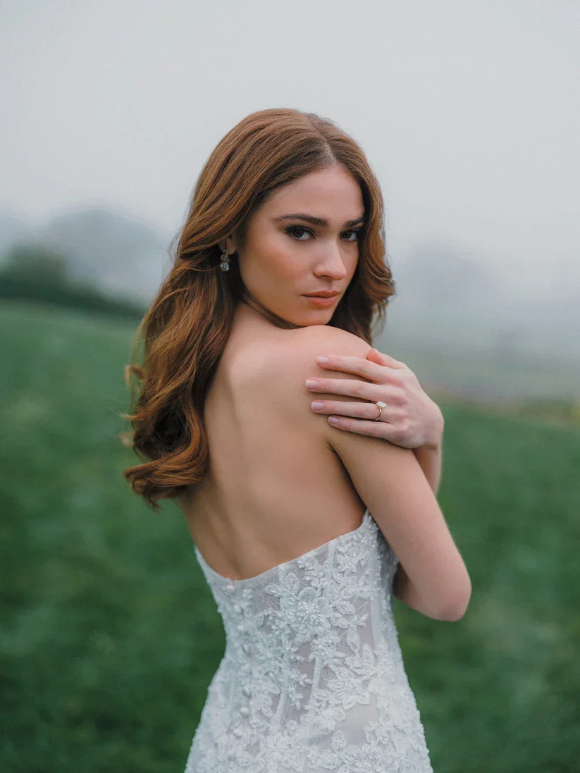 Allure Bridals A1495 strapless straight-across sheath wedding dress with boned bodice and beaded lace appliqués, available at Bride To Be Couture in Sacramento.