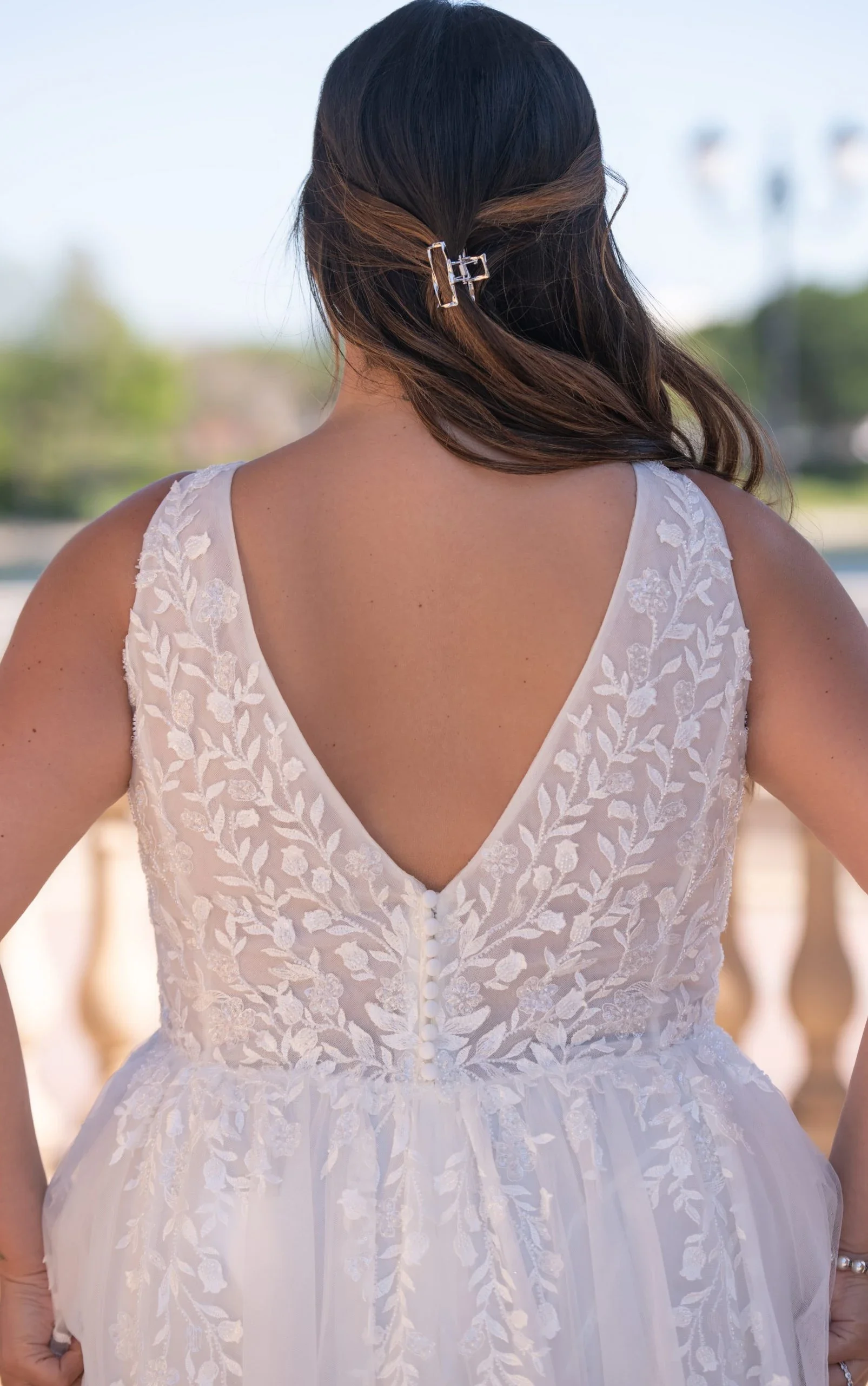 Ethereal Lace, Organza and Tulle Aline Wedding Dress with Plunging Neckline