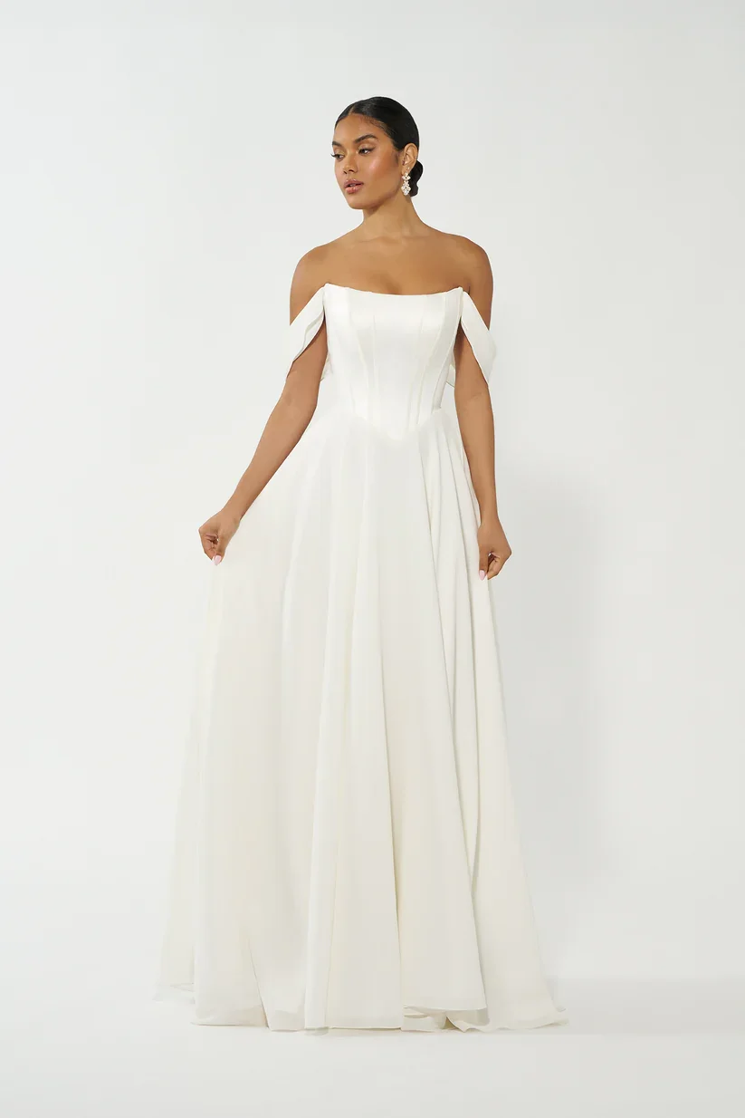 Madison James Dove Aline Wedding Dress with Scoop Neckline and Off the Shoulder Sleeves
