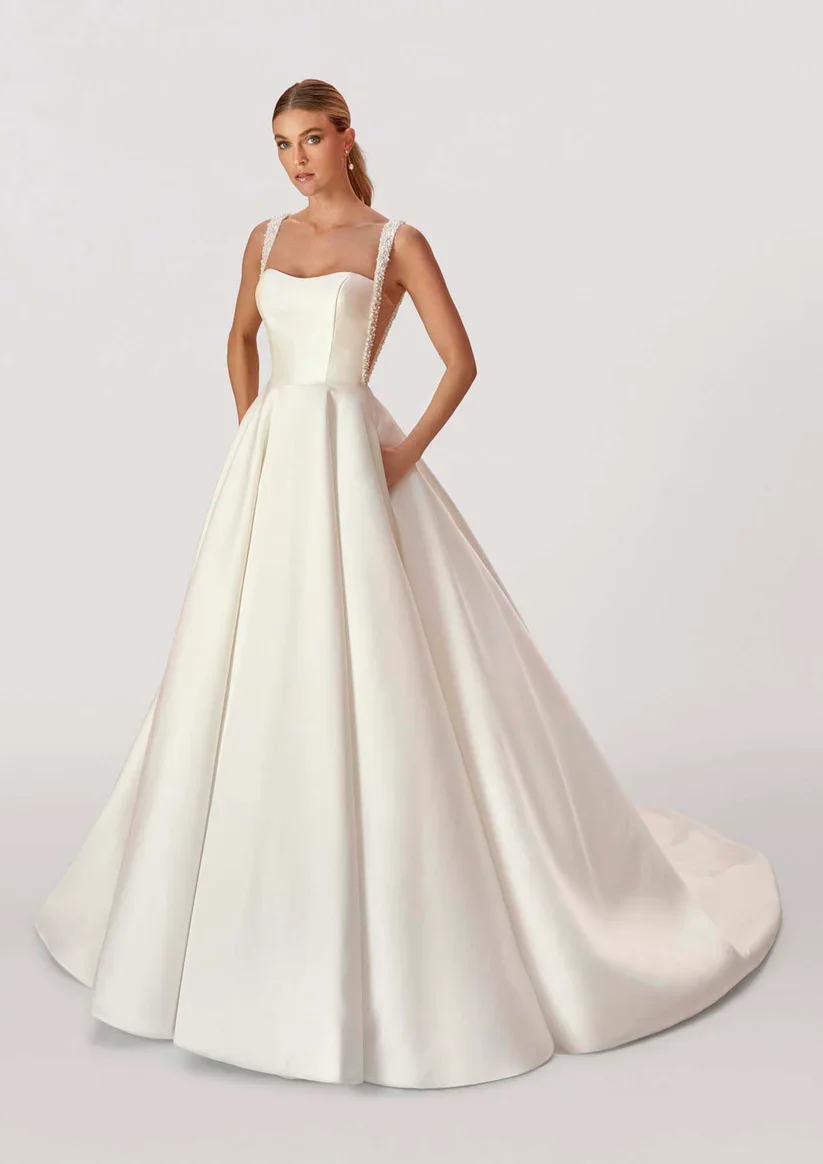 Madison James Gala understated Mikado ballgown wedding dress with crystal and pearl-encrusted straps.