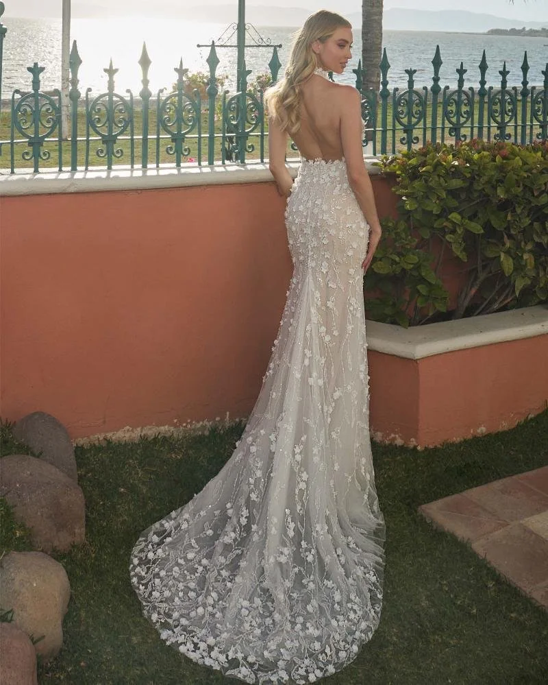 L'Amour Meriam LA24244 fitted halter wedding dress with high neckline, 3D floral beaded lace, sexy low back, and dramatic train.