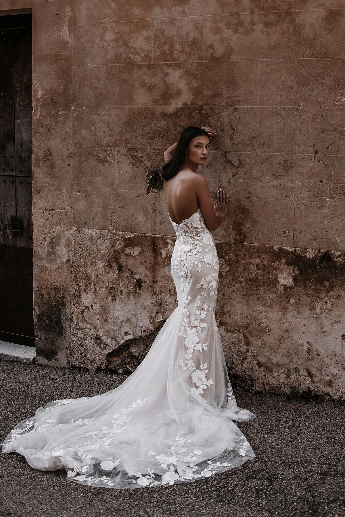 Floral Lace Mermaid Wedding Gown With Plunging Sweetheart Neckline
