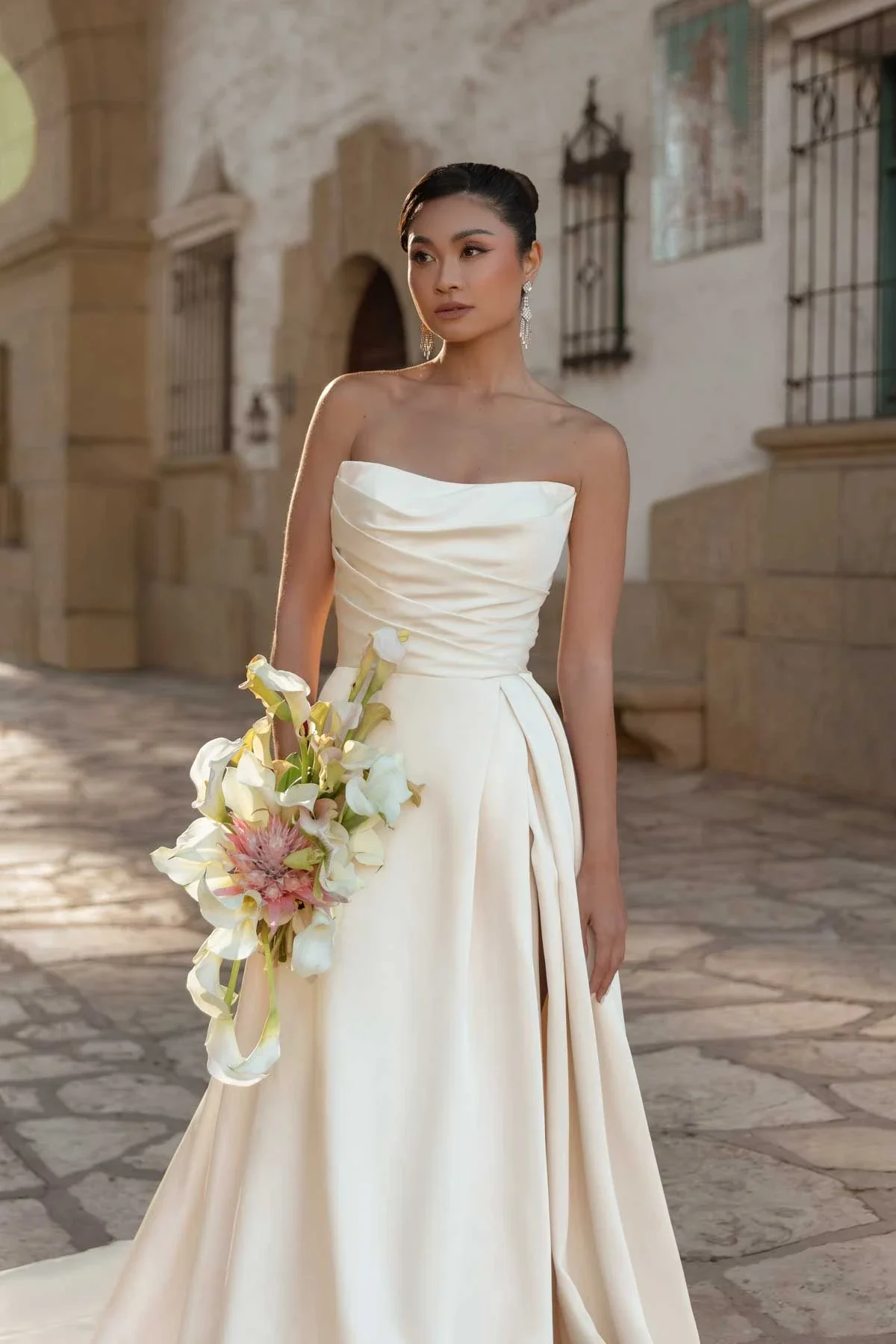 Designer Luxe Strapless Aline Wedding Dress with High Leg Slit