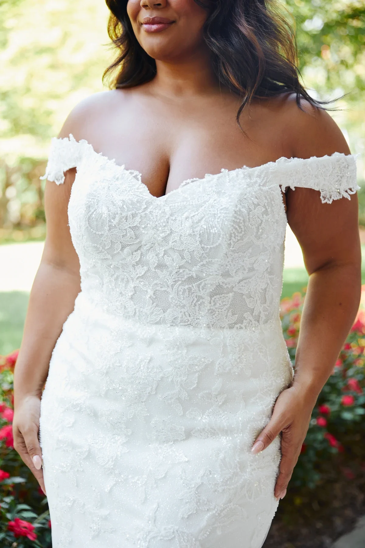Glamorous Sparkle Lace Off the Shoulder Fit and Flare Wedding Dress with Shaped Train