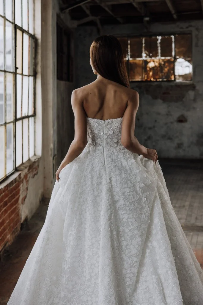 Serene Ame Allie A-line ballgown with glitter tulle, laser-cut 3D floral lace, beaded bodice appliqués, and a straight neckline with plunging accent.