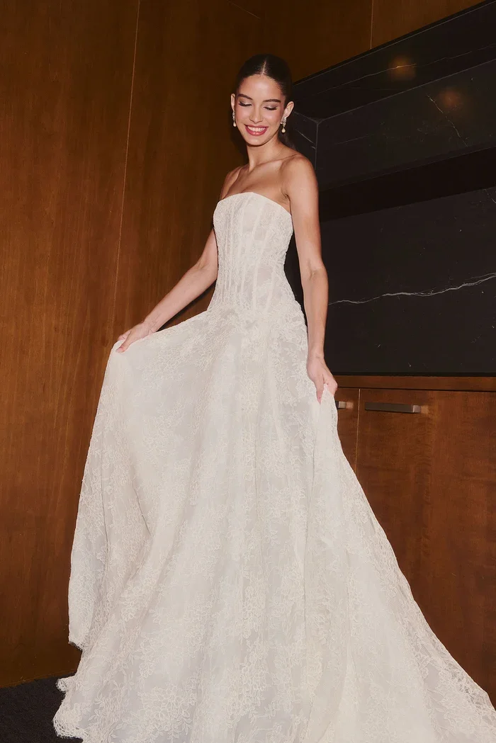 Strapless Lace Ballgown With Unique Waistline and Square Neckline
