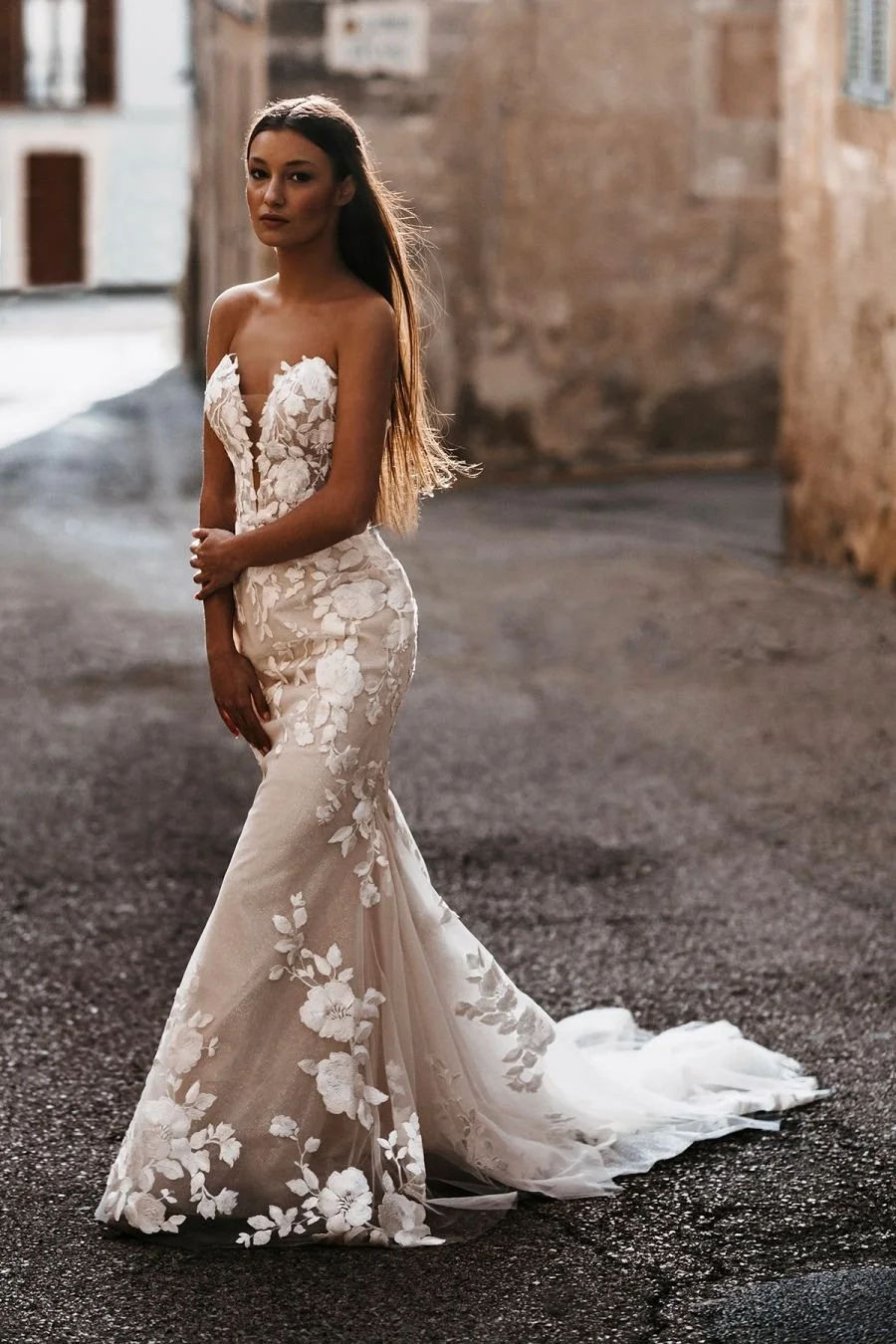 Floral Lace Mermaid Wedding Gown With Plunging Sweetheart Neckline