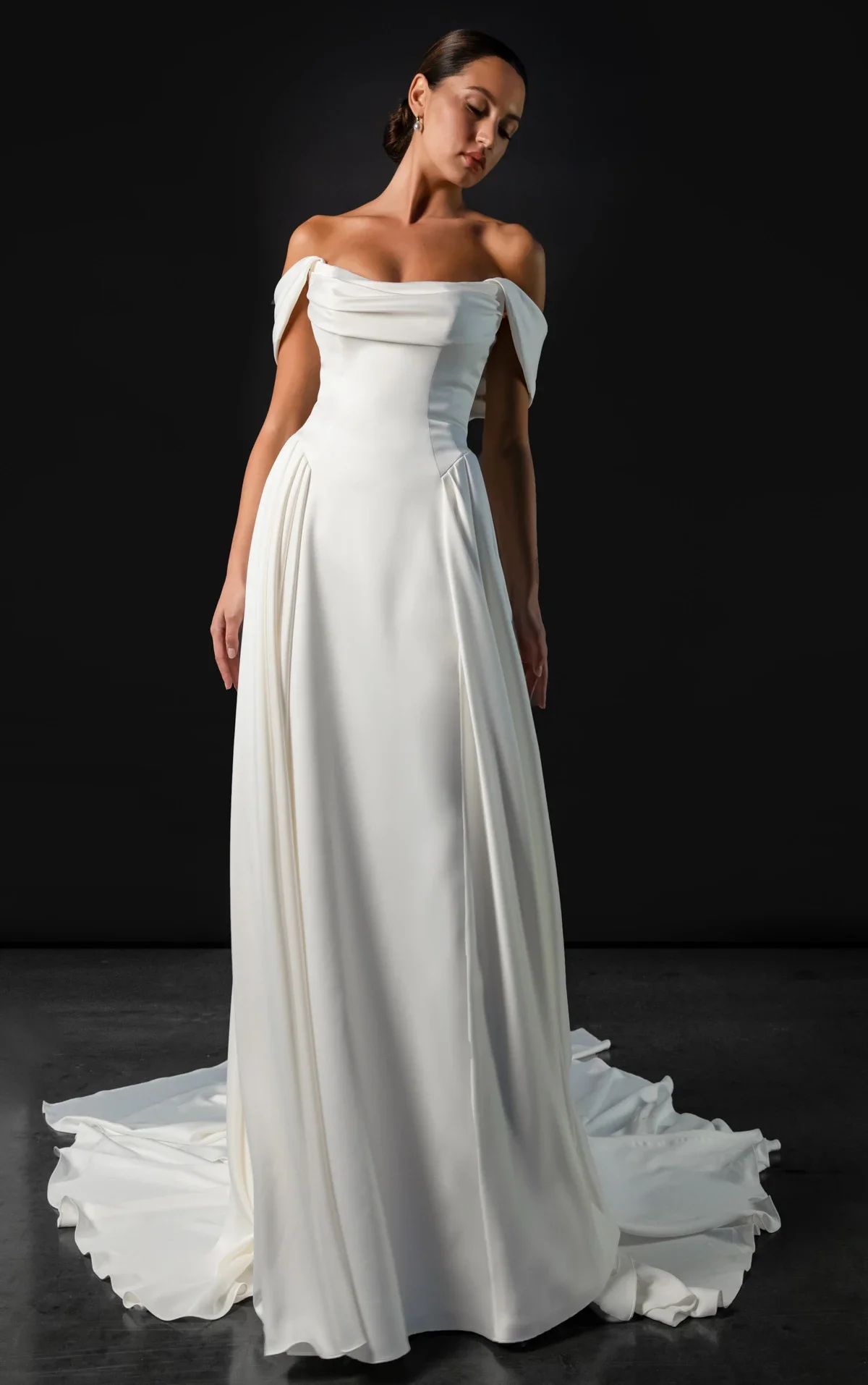 Martina Liana ML2066 satin A-line wedding dress with off-the-shoulder neckline, draped bodice, and detachable scarf at Bride To Be Couture Sacramento