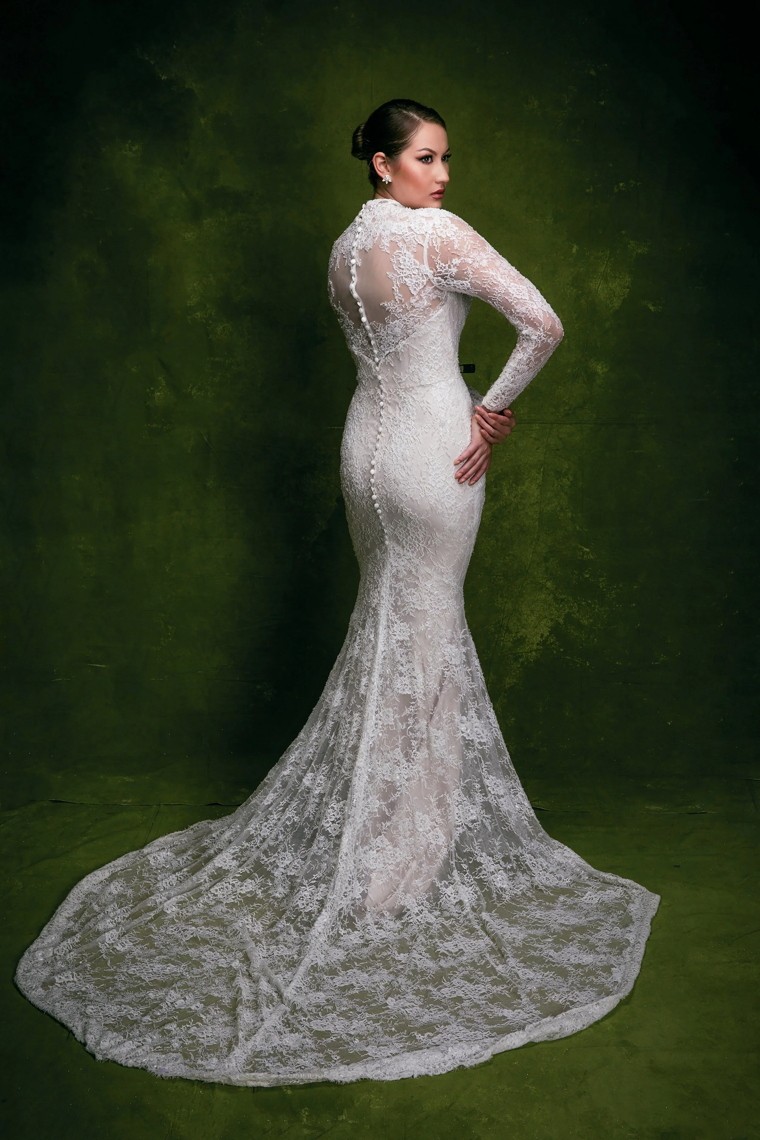 Elizabeth Lee Molly fully beaded sheer lace wedding dress with long sleeves, sweetheart lining, and high mandarin collar neckline.