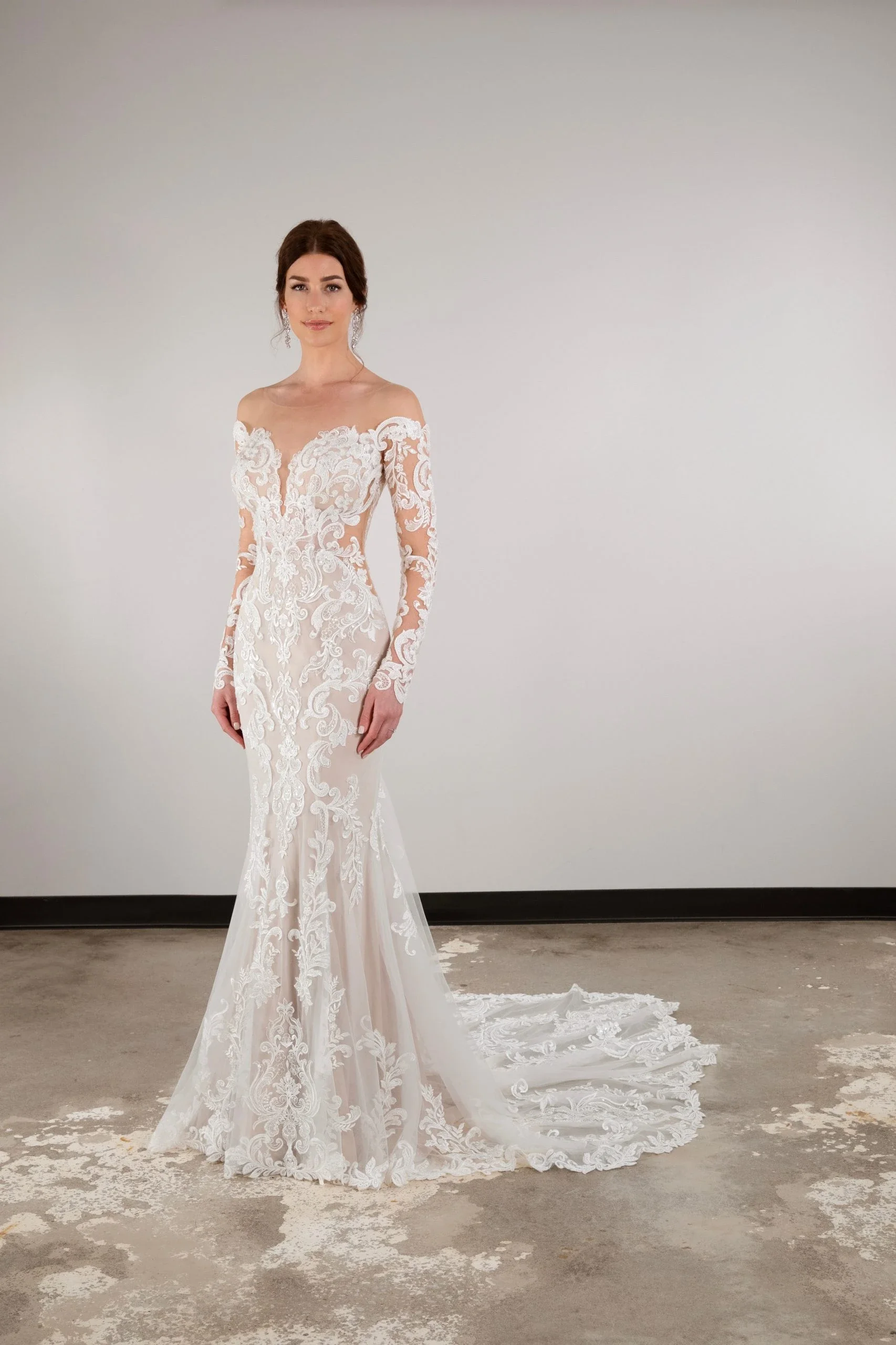 Alluring Long Sleeve Lace Fit and Flare Wedding Dress with Open Back Detail