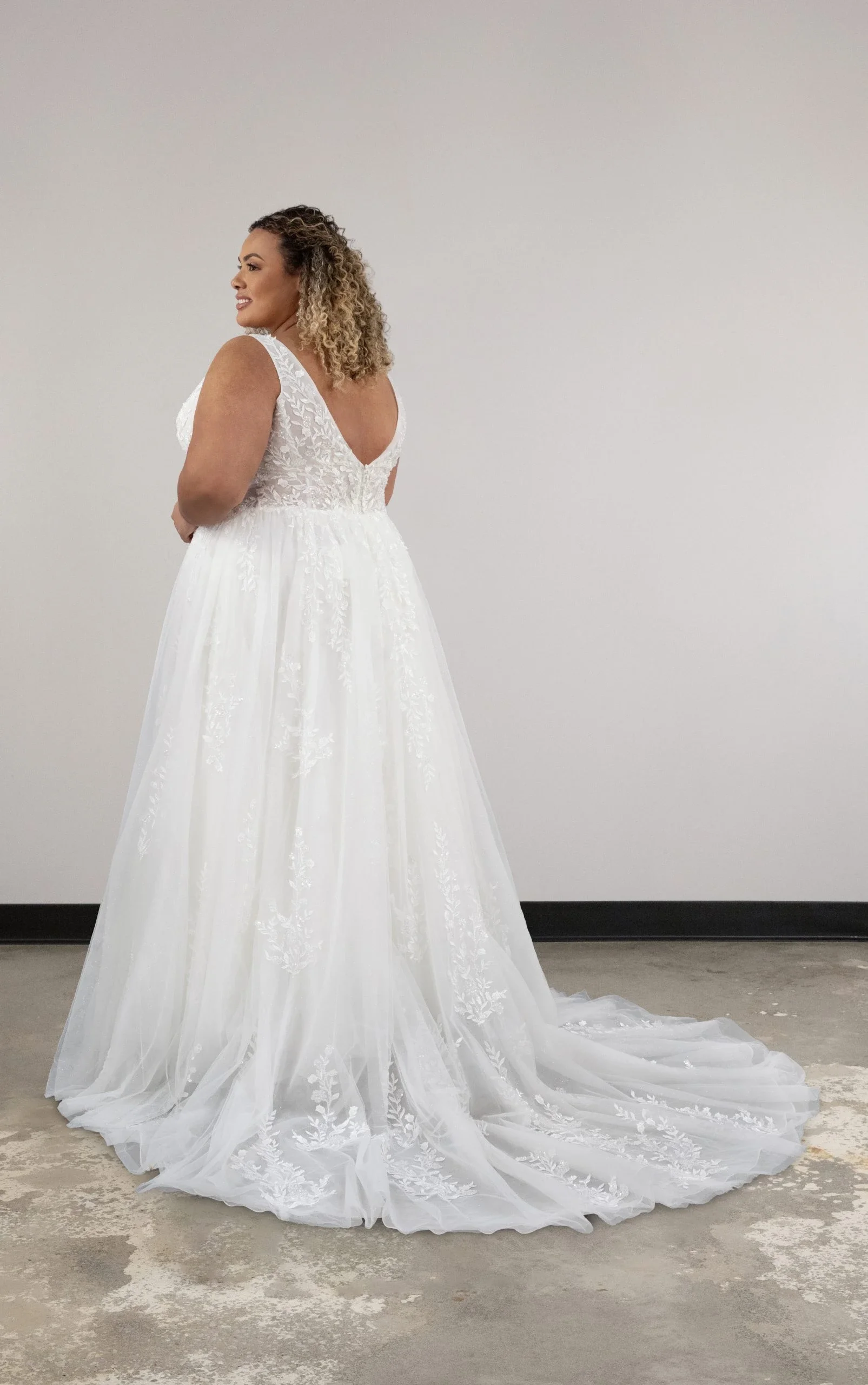 Ethereal Lace, Organza and Tulle Aline Wedding Dress with Plunging Neckline