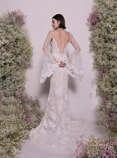 Romantic Mermaid Lace Gown with Illusion Bodice and Bell Sleeves