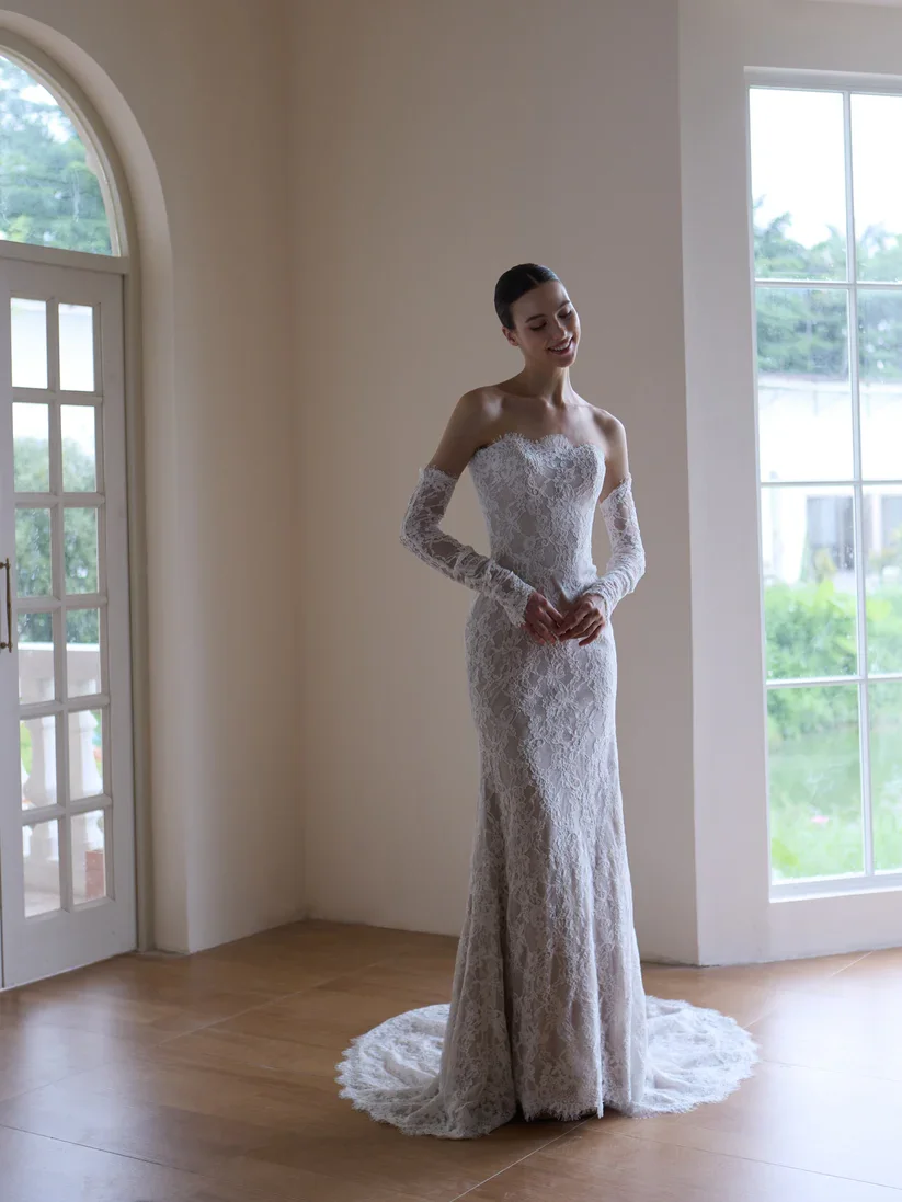Off the Shoulder Lace Gown With Sheer Sleeves and Romantic Tulle Skirt
