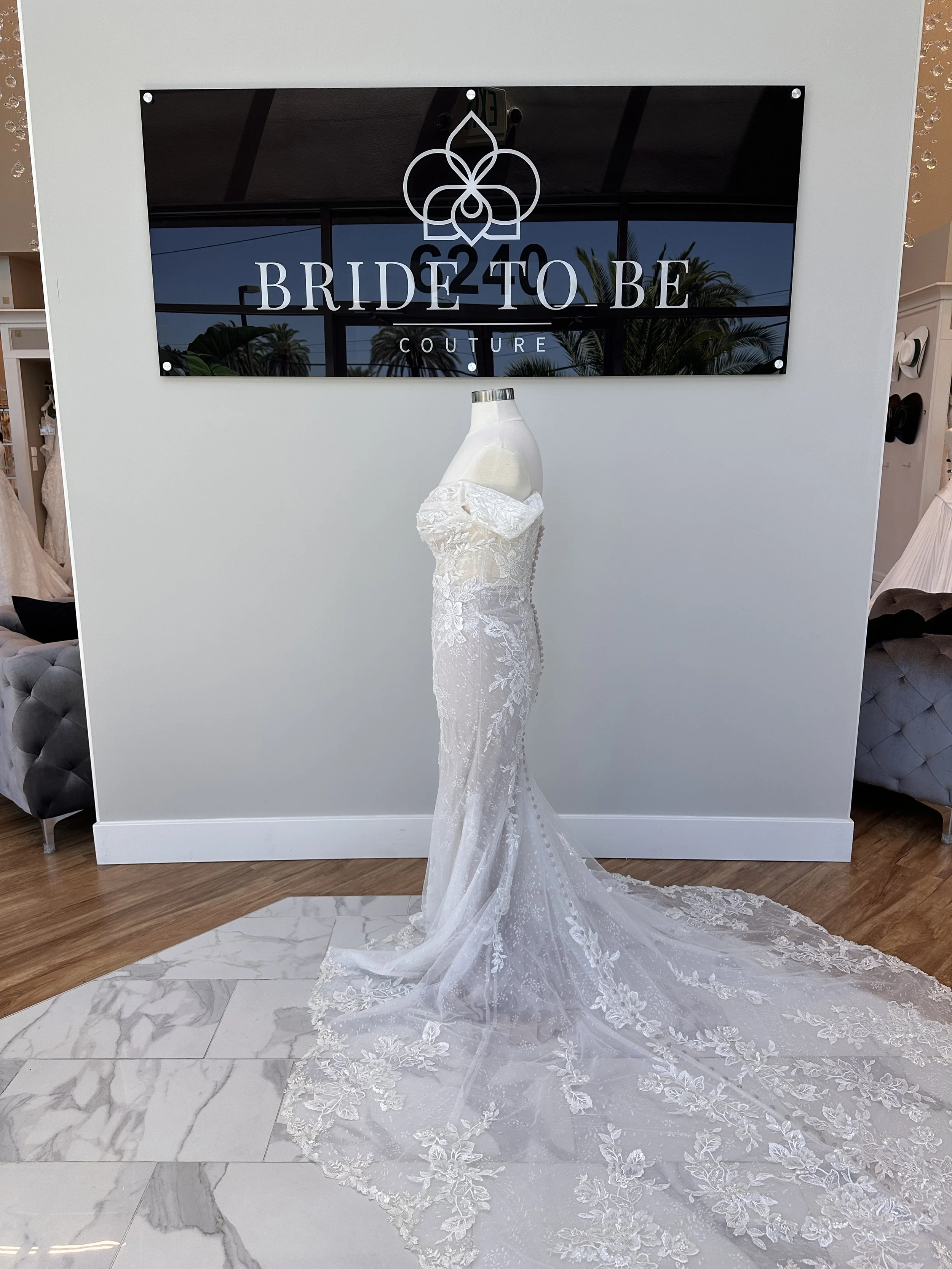 Legacy Diana lace fit-and-flare wedding dress with off-the-shoulder sleeves at Bride To Be Couture Sacramento