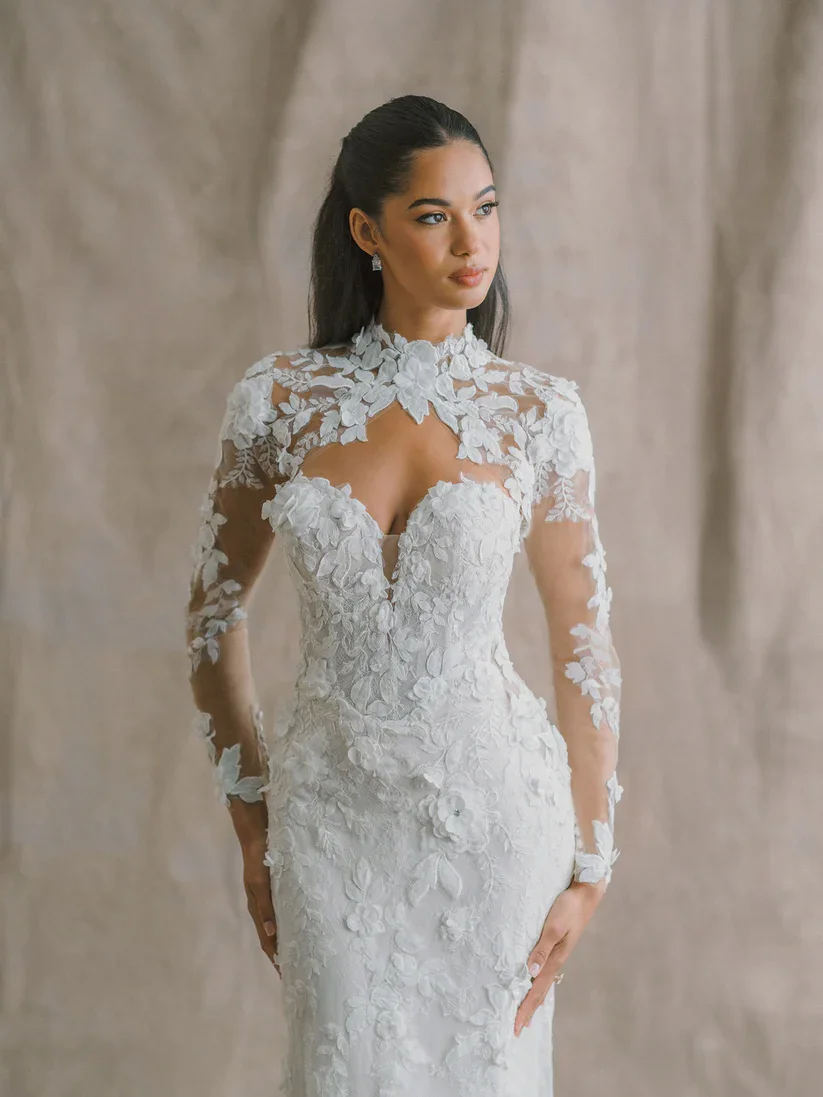 Allure Bridals Abella E609 Violette lace sheath wedding dress with sweetheart neckline and floral lace appliqués