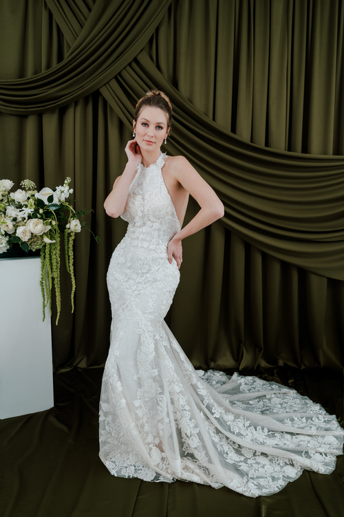 Elizabeth Lee Naomi Lace Halter Mermaid Wedding Dress With Train