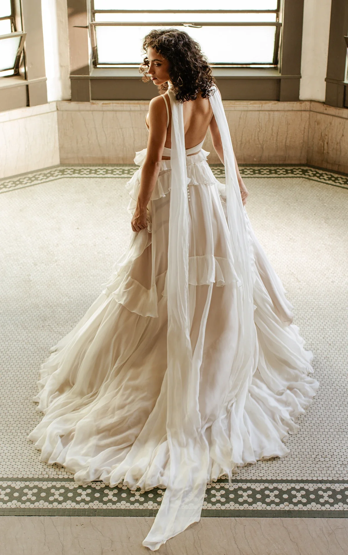 Layered Boho Chiffon Aline Wedding Dress with V Neckline and Spaghetti Straps