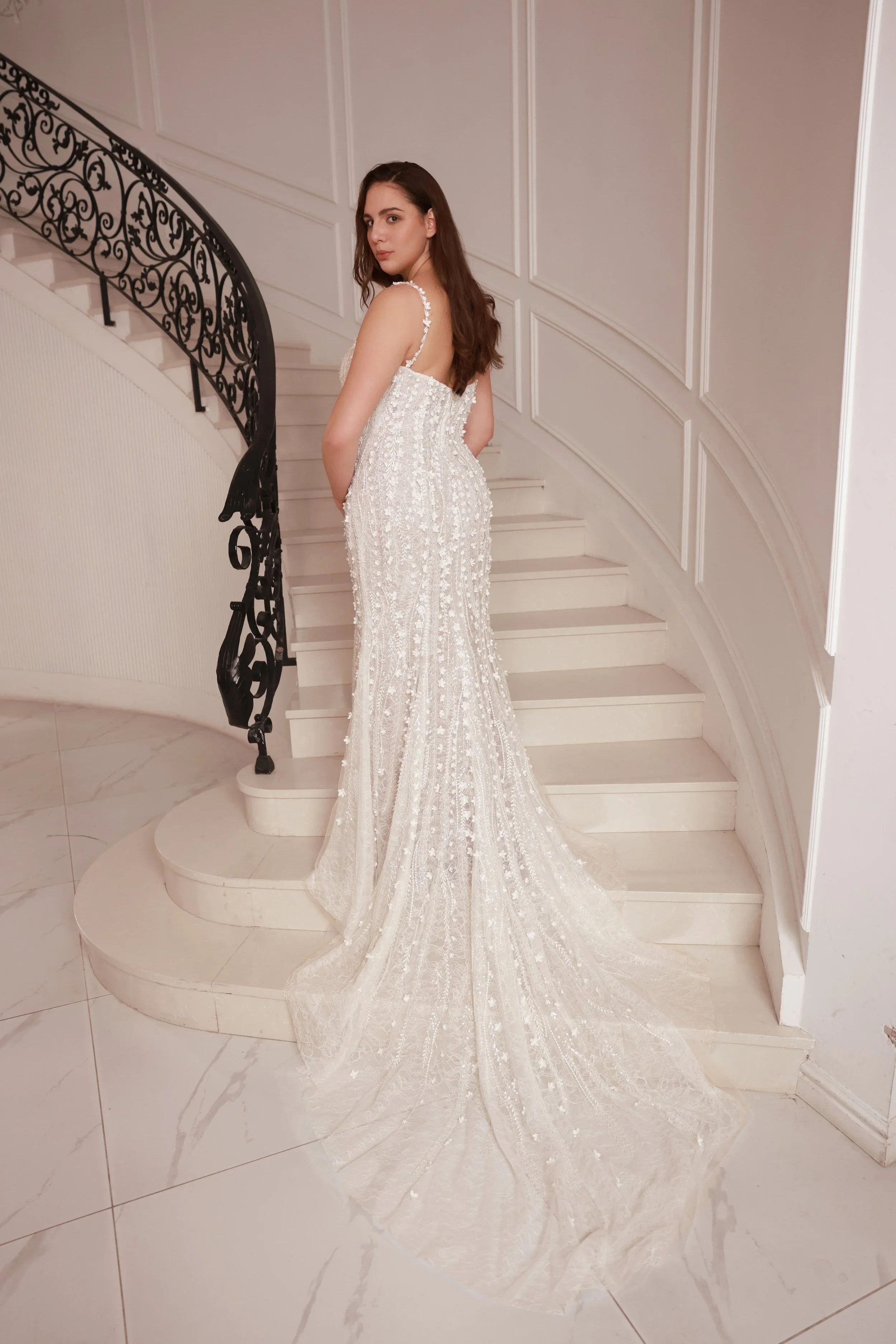 Dany Girl Bianca, sweetheart neckline spaghetti straps sheath wedding gown with 3D lace and overskirt